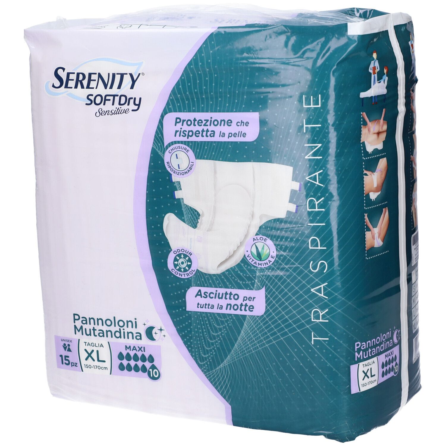 Confezione Serenity SoftDry Sensitive Pannoloni Mutandina, XL, 15 pezzi. Scritte: Maxi, traspirante, Aloe Vera.
