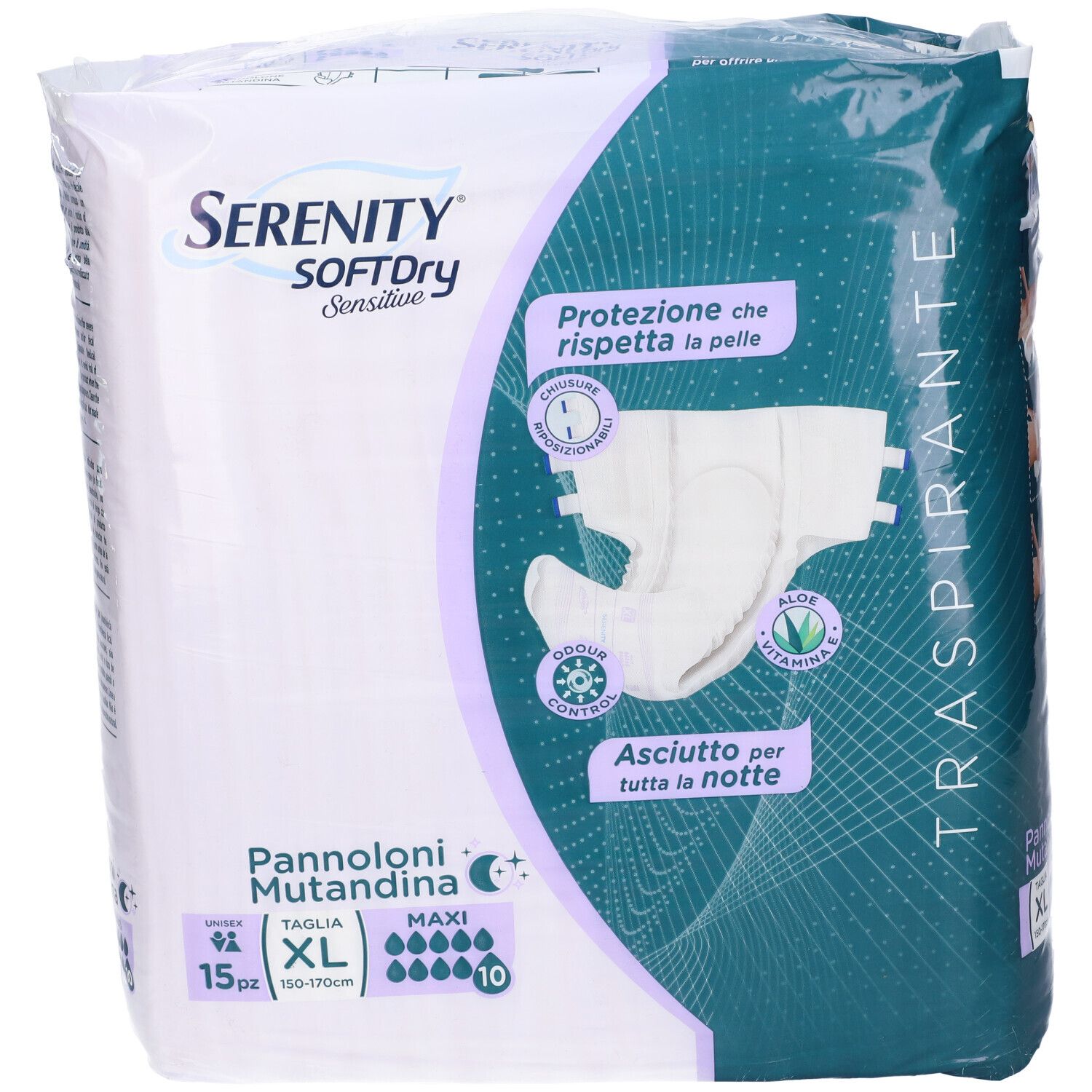 Confezione Serenity SoftDry Sensitive Pannoloni Mutandina, XL, 15 pezzi. Scritte: Maxi, traspirante, Aloe Vera.