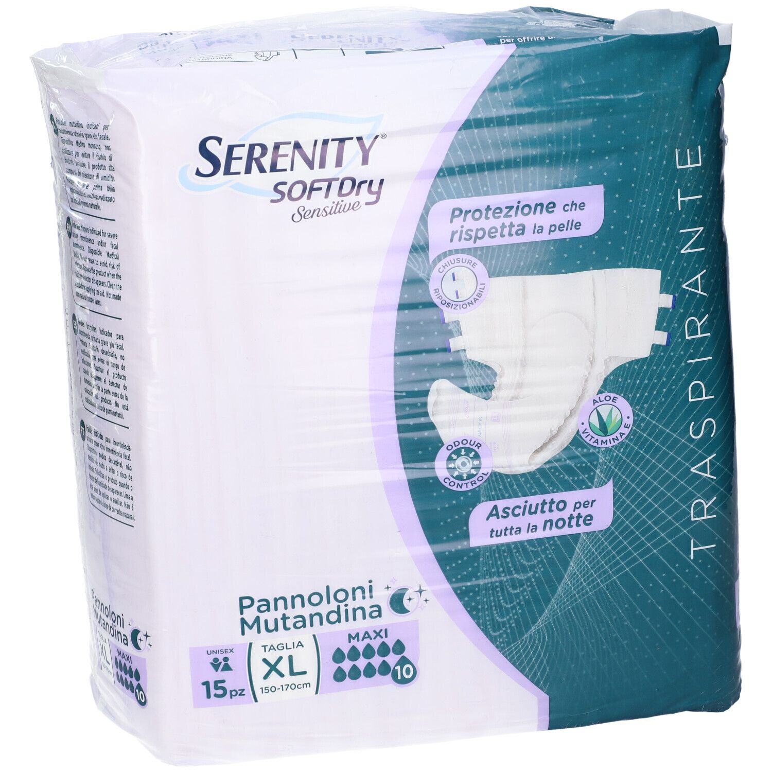 Confezione Serenity SoftDry Sensitive Pannoloni Mutandina, XL, 15 pezzi. Scritte: Maxi, traspirante, Aloe Vera.