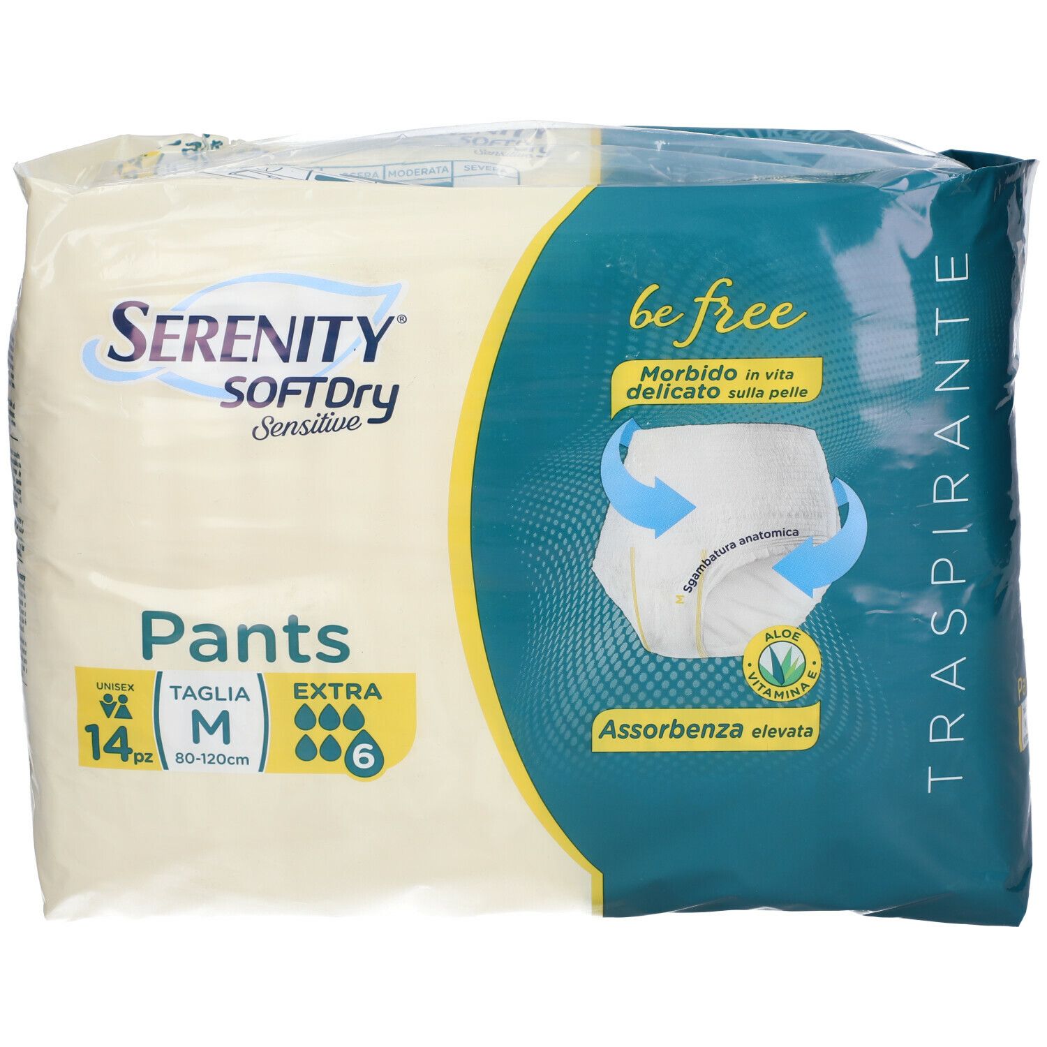 Confezione di SERENITY® Soft Dry Be Free Taglia M. Pants, taglia M, 14 pezzi. Scritte: SERENITY, SOFT DRY, be free, Extra 6 gocce.