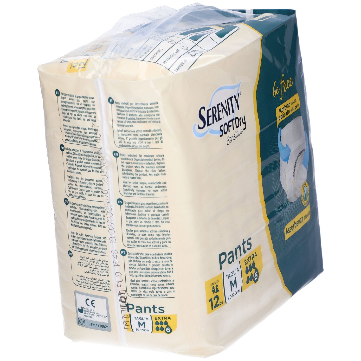 Verpackung Serenity Pants, Größe M, 12 Stück. Rückseite mit Produktinformationen. CE-Kennzeichnung.