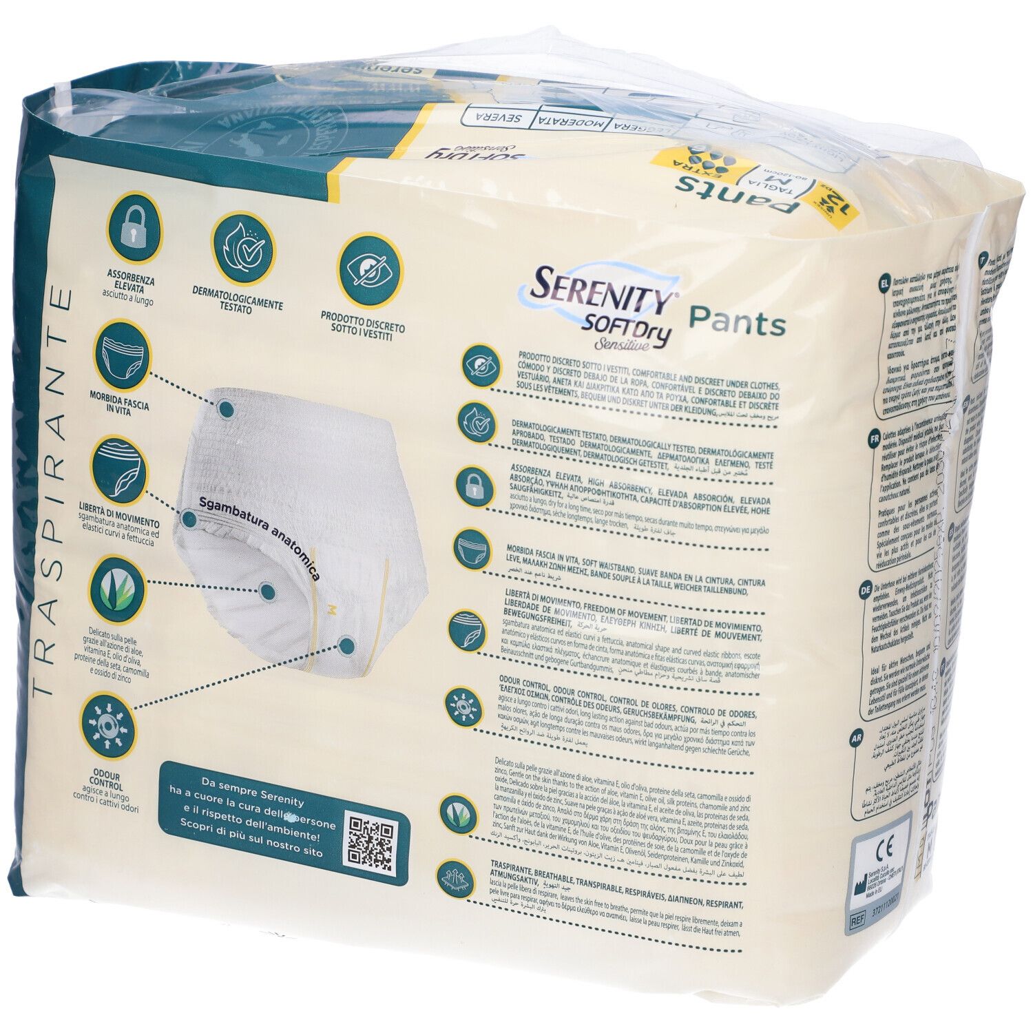 Verpackung Serenity Pants, Größe M, 12 Stück. Rückseite mit Produktmerkmalen und Piktogrammen. Anatomische Passform.