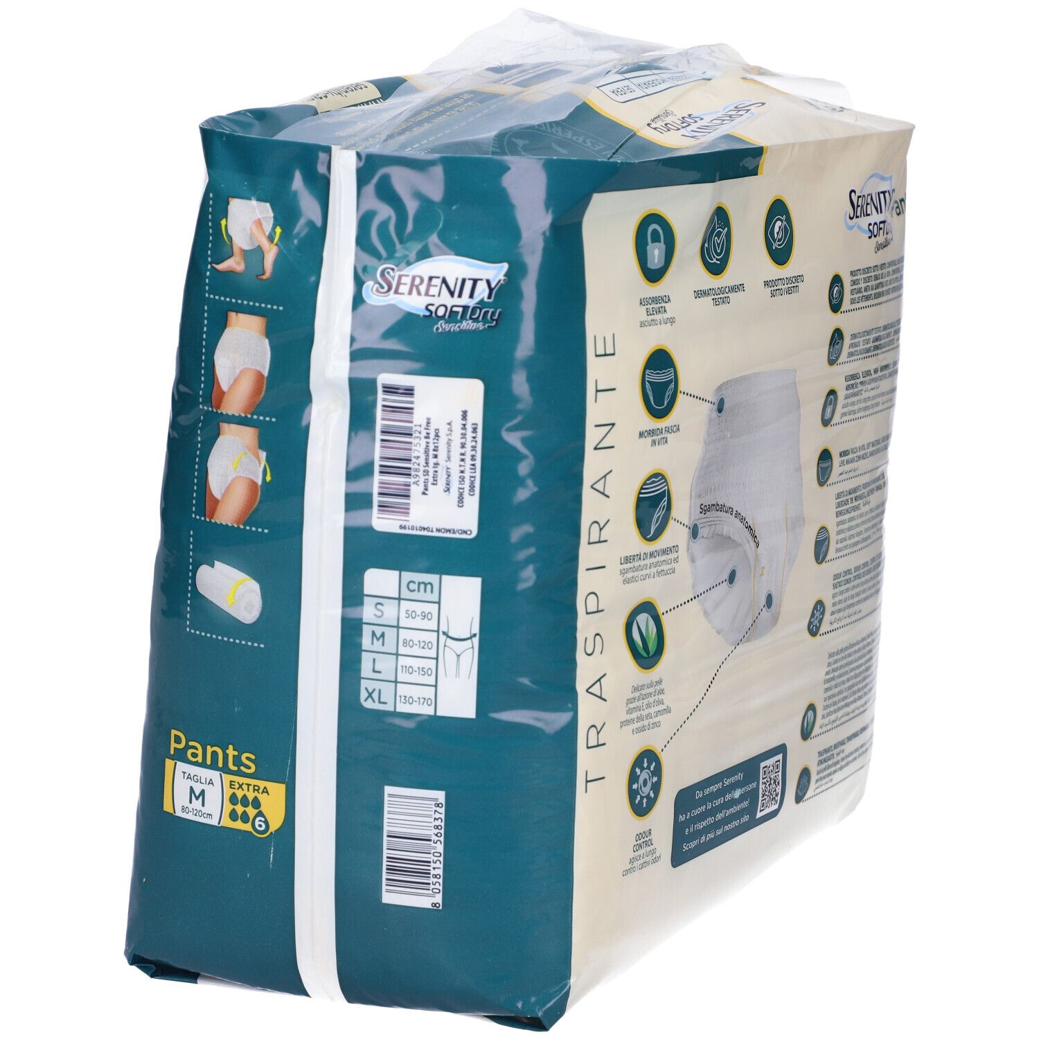 Verpackung Serenity Pants, Größe M, 12 Stück. Rückseite mit Größenangaben und Produktmerkmalen. CE-Kennzeichnung.