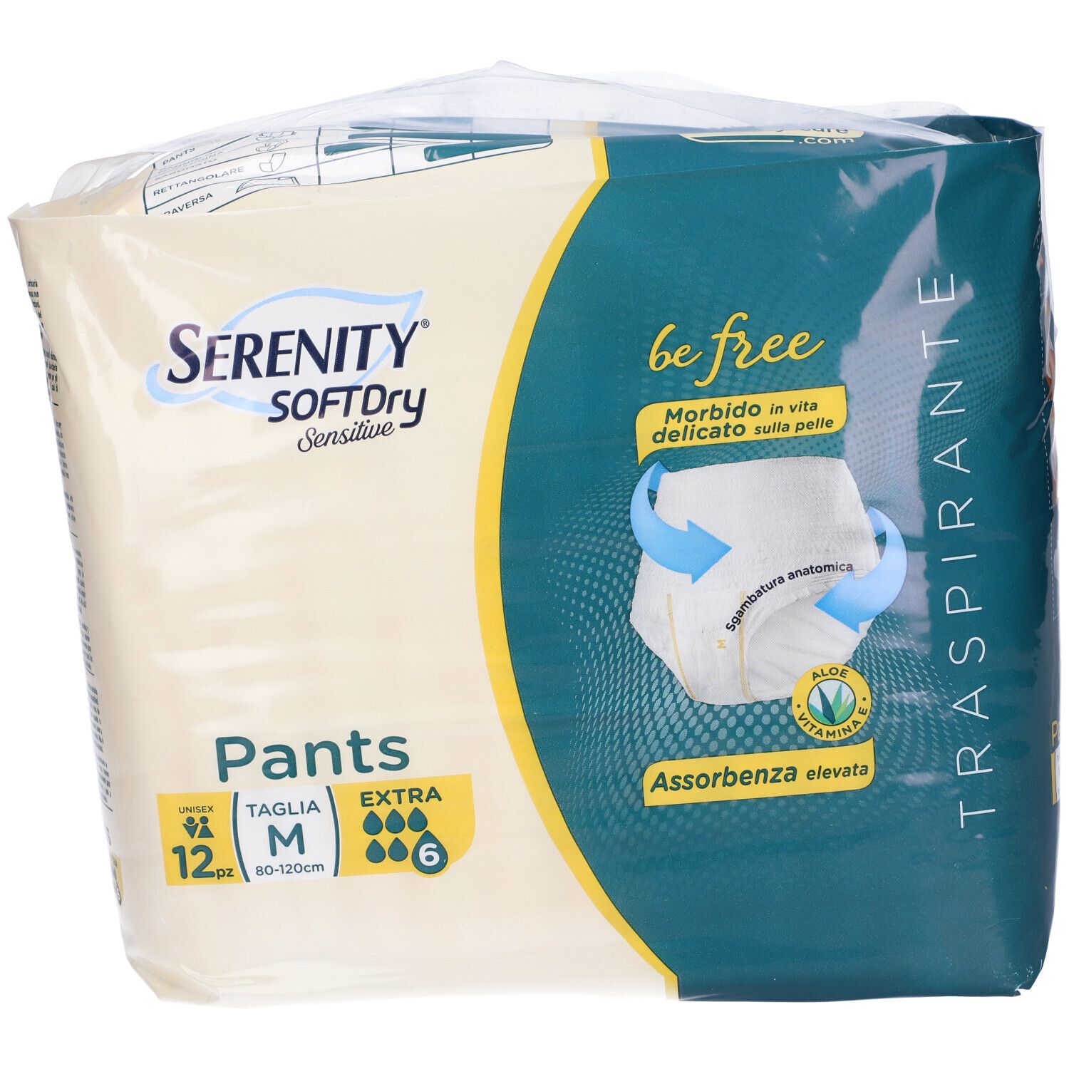 Verpackung Serenity Pants, Größe M, 12 Stück. Aufdrucke: SoftDry, Sensitive, be free, Extra, Aloe Vera. Anatomische Passform.