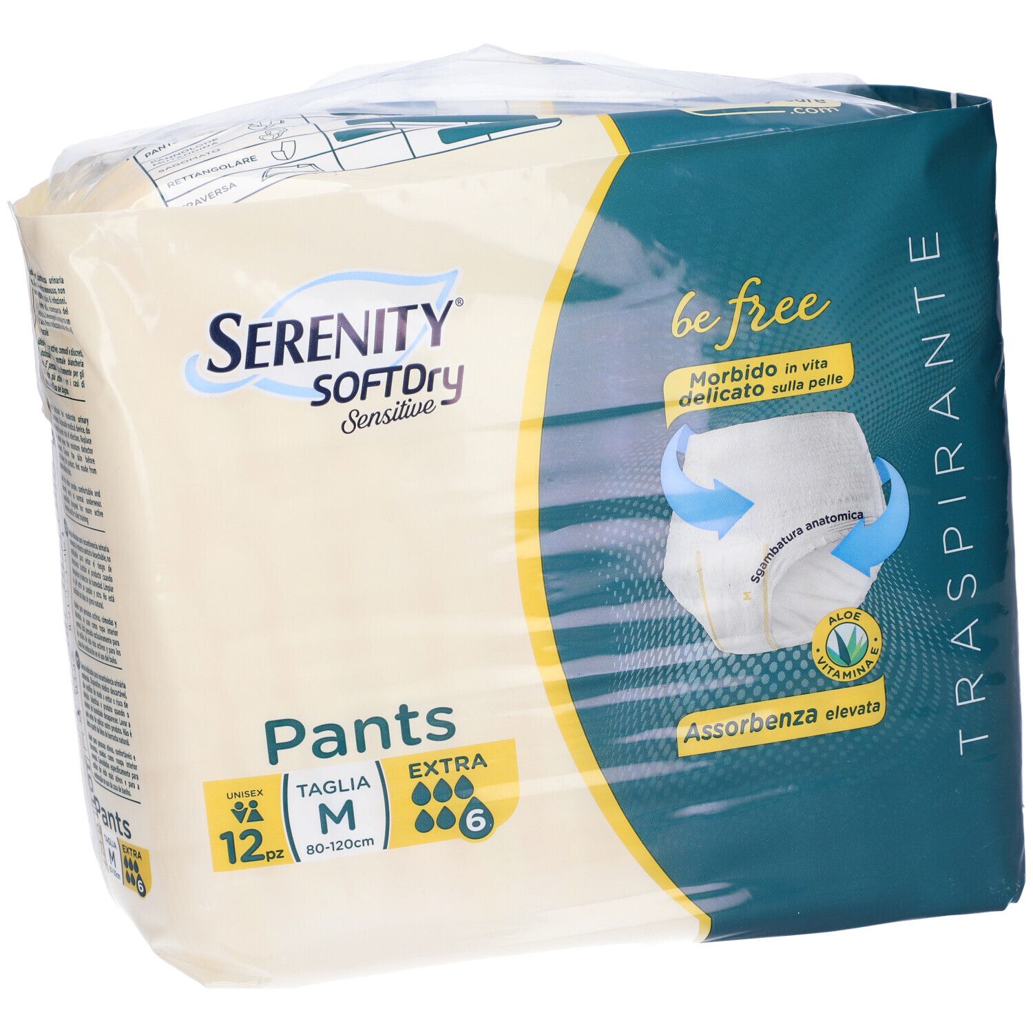 Verpackung Serenity Pants, Größe M, 12 Stück. Aufdrucke: SoftDry, Sensitive, be free, Extra, Aloe Vera. Anatomische Passform.