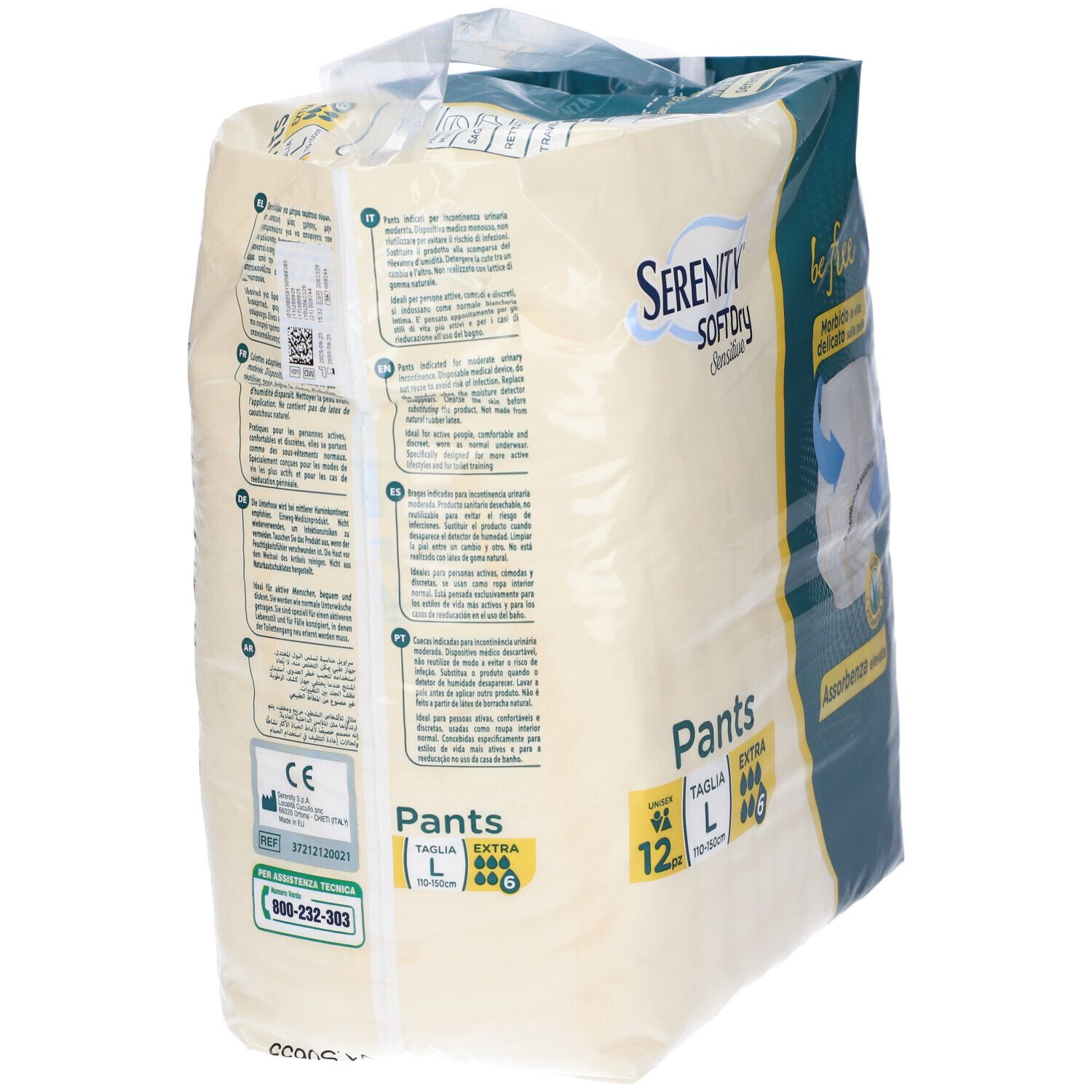 Rückseite der Serenity Pants Verpackung. Sichtbar: Produktinformationen, CE-Kennzeichnung, Telefonnummer.