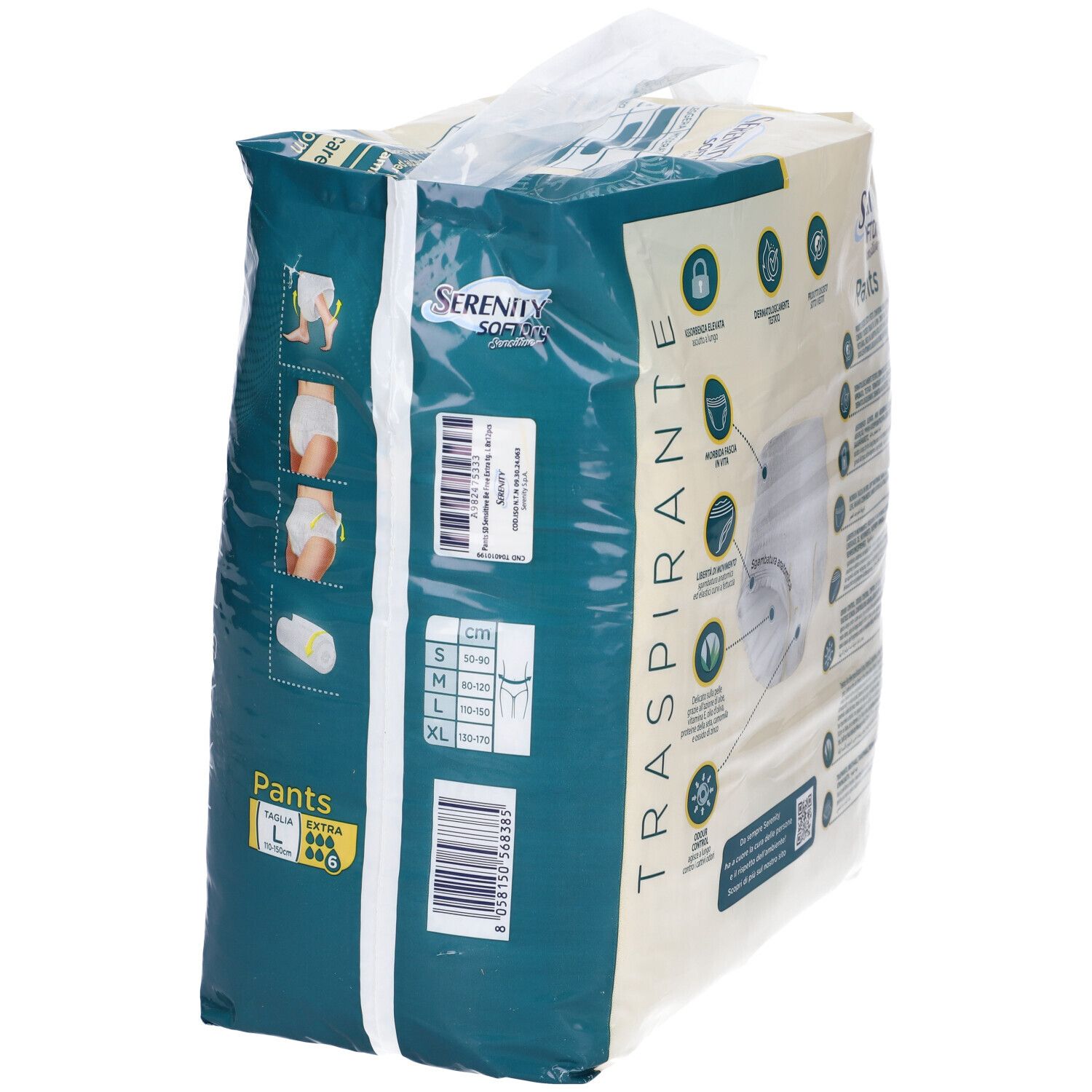 Rückseite der Serenity Pants Verpackung. Sichtbar: Größenangaben, CE-Kennzeichnung, Produktabbildung.