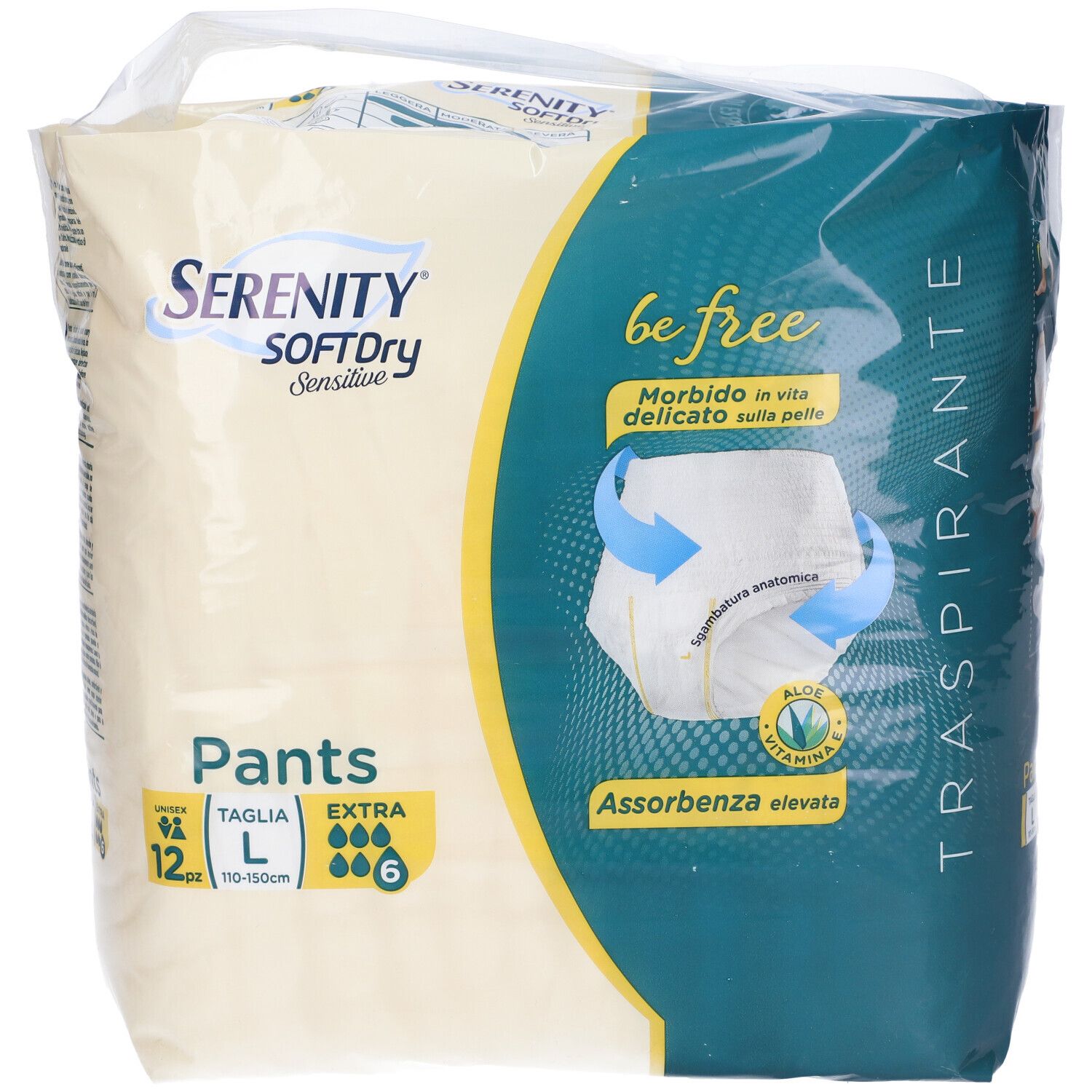 Verpackung Serenity Pants, Größe L, Extra, 6 Stück. Sichtbar: Marke, Produktname, Saugfähigkeit, atmungsaktiv.