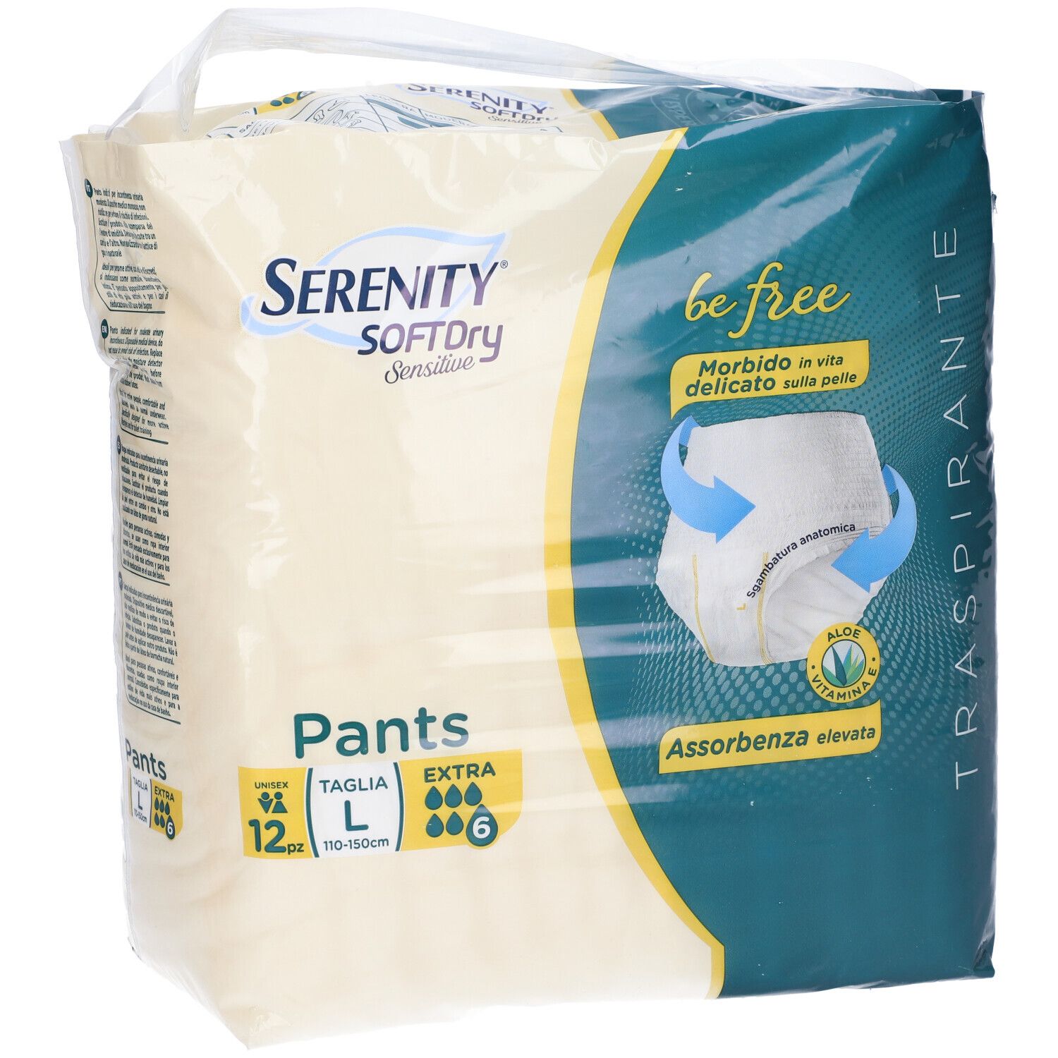 Verpackung Serenity Pants, Größe L, Extra, 6 Stück. Sichtbar: Marke, Produktname, Saugfähigkeit, atmungsaktiv.