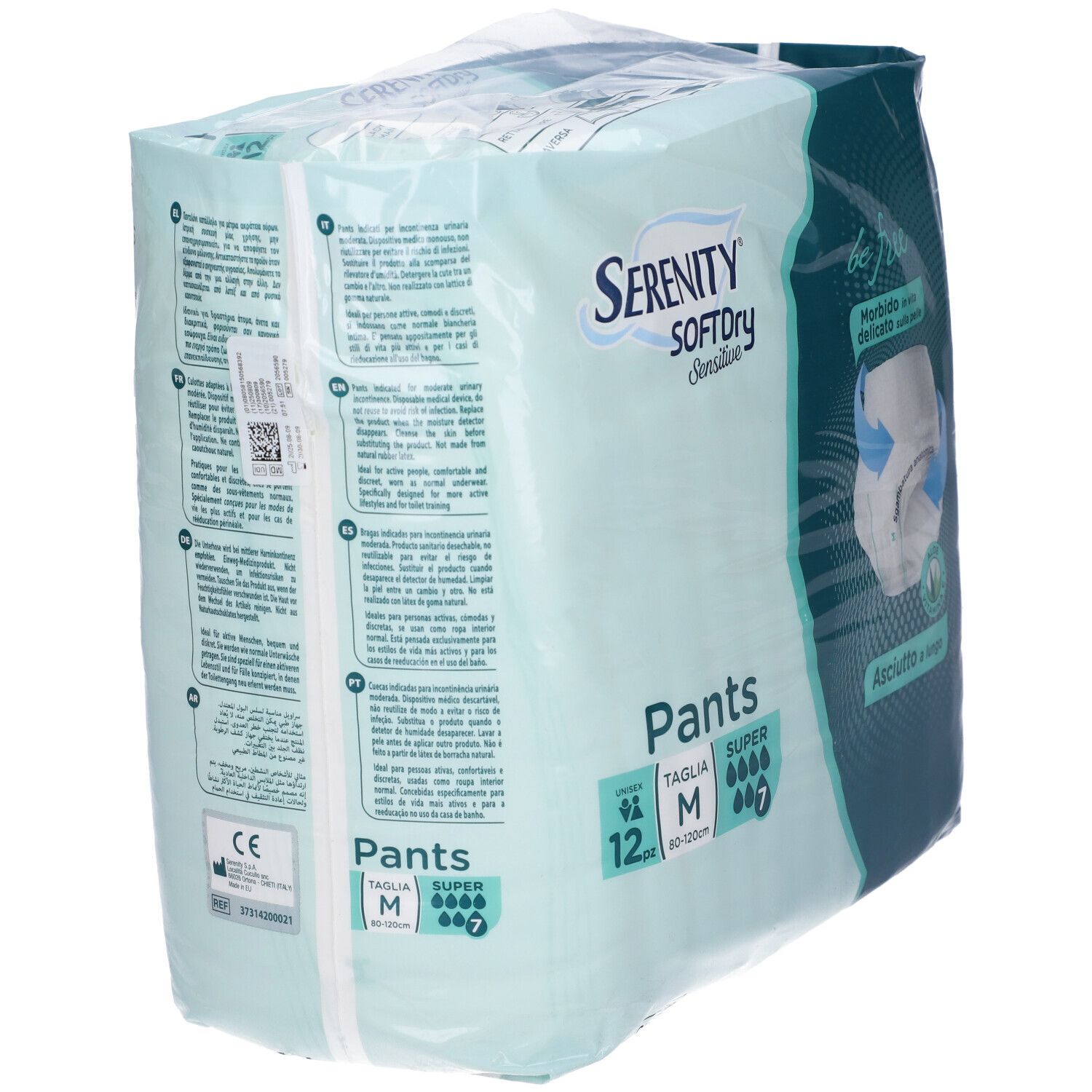 Verpackung Serenity Pants Sd Sensitive Super M, 12 Stück. Rückseite mit Text und Symbolen. Aufschrift: Traspirante.