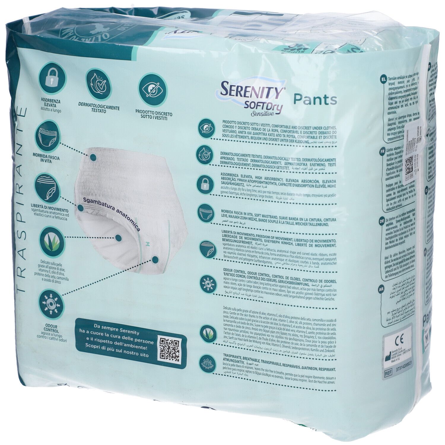 Verpackung Serenity Pants Sd Sensitive Super M, 12 Stück. Rückseite mit Symbolen und Text. Aufschrift: Traspirante.
