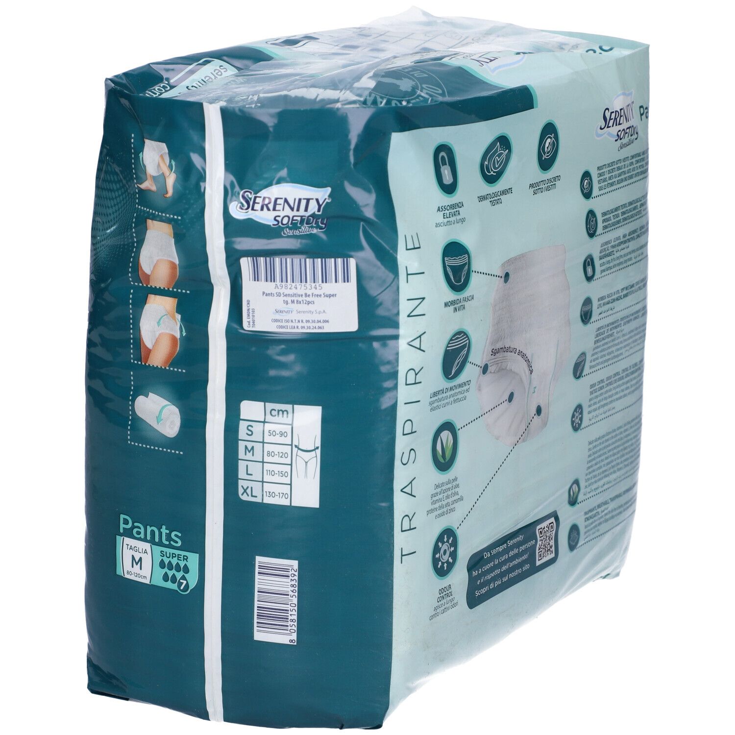 Verpackung Serenity Pants Sd Sensitive Super M, 12 Stück. Rückseite mit Größenangaben. Aufschrift: Traspirante.