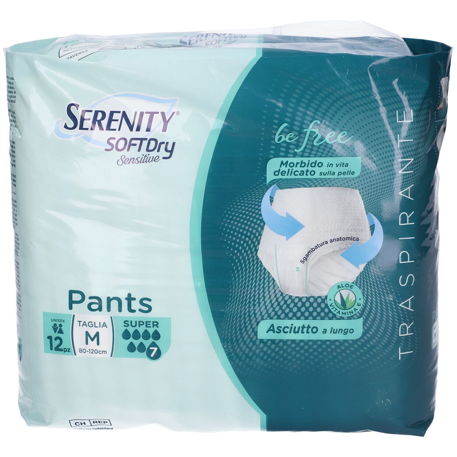Verpackung Serenity Pants Sd Sensitive Super M, 12 Stück. Grün-weiß. Anatomische Form, Aloe Vera. Aufschrift: Traspirante.