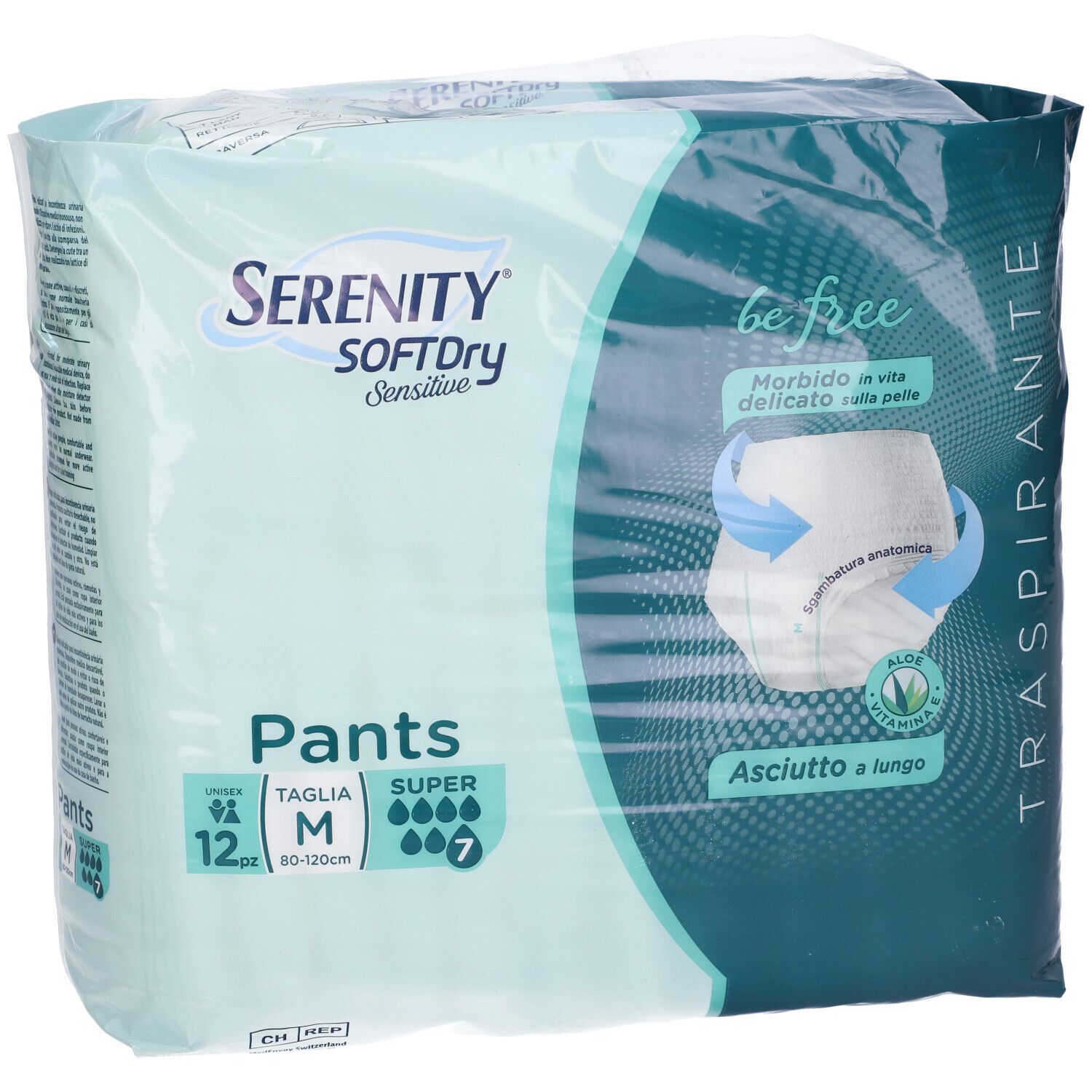 Verpackung Serenity Pants Sd Sensitive Super M, 12 Stück. Grün-weiß. Anatomische Form, Aloe Vera. Aufschrift: Traspirante.