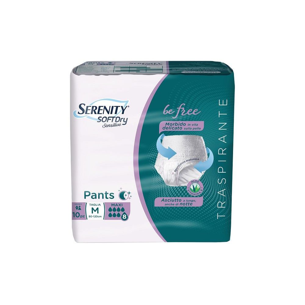Serenity SoftDry Sensitive Pants Maxi M, 10 Stück. Verpackung mit Produktabbildung und Produktinformationen.