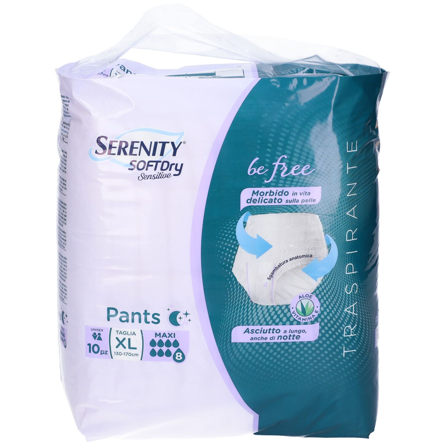 Confezione Serenity Pants, XL, 10 pezzi. Scritte: SoftDry, Maxi, Notte. Immagine di mutandina assorbente.