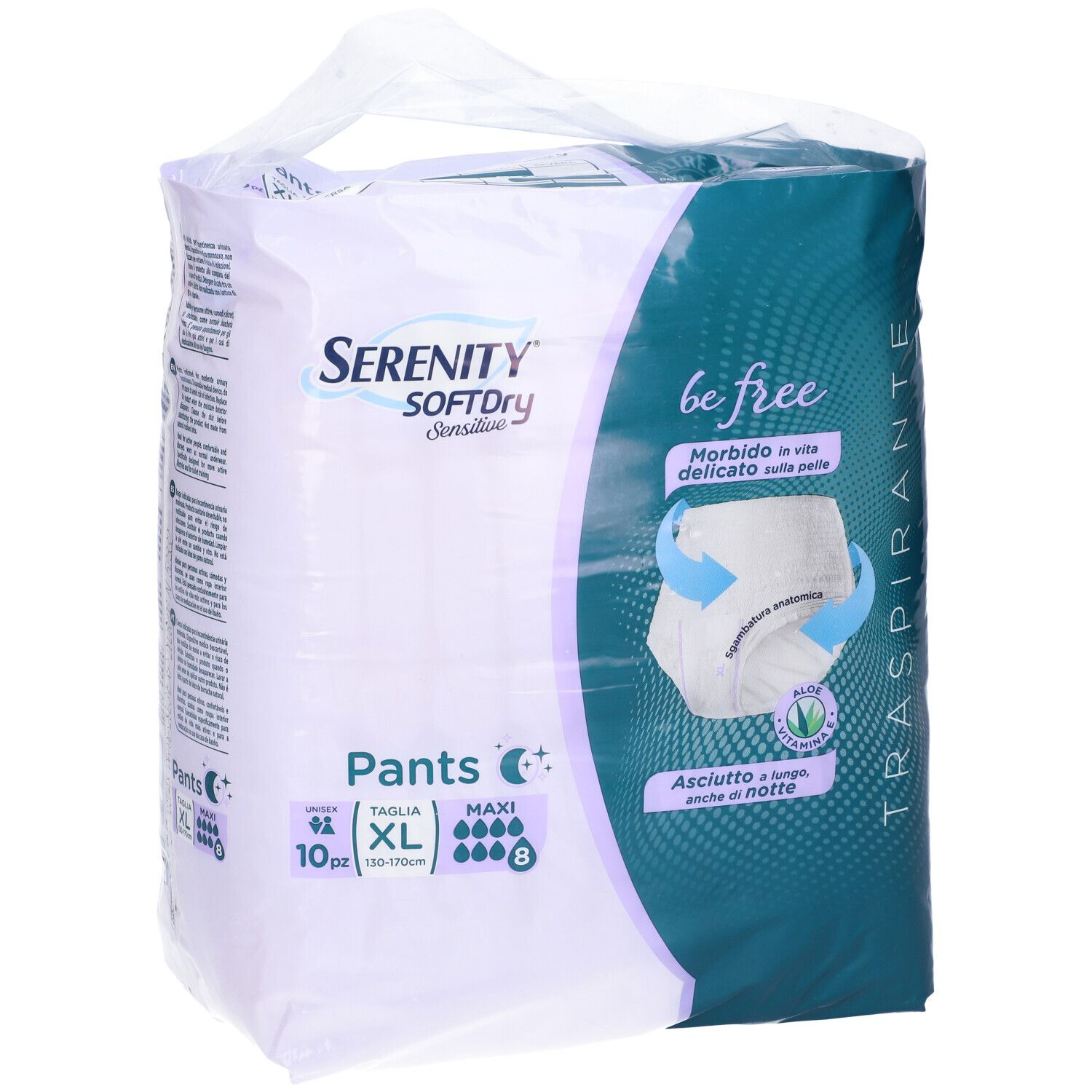 Confezione Serenity Pants, XL, 10 pezzi. Scritte: SoftDry, Maxi, Notte. Immagine di mutandina assorbente.