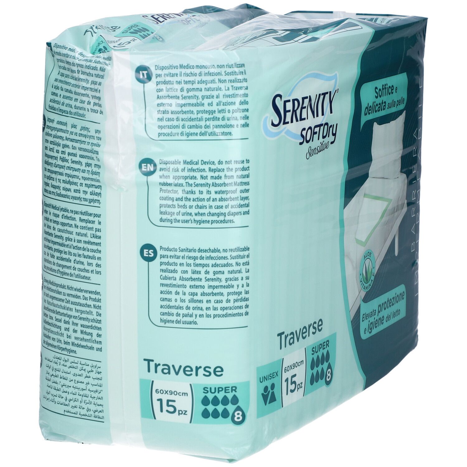 Verpackung von Serenity SoftDRY Sensitive Traversa. Rückseite mit Texten in verschiedenen Sprachen. 15 Stück, 60x90cm.