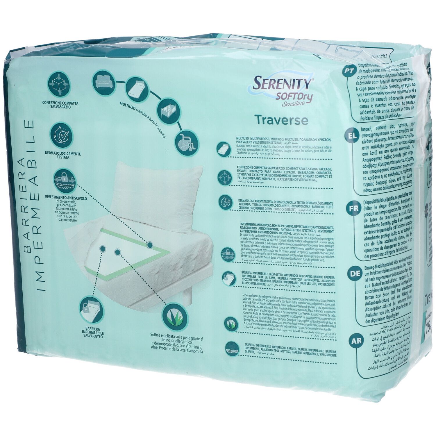 Rückseite der Verpackung von Serenity SoftDRY Sensitive Traversa. Texte in verschiedenen Sprachen. 15 Stück, 60x90cm.