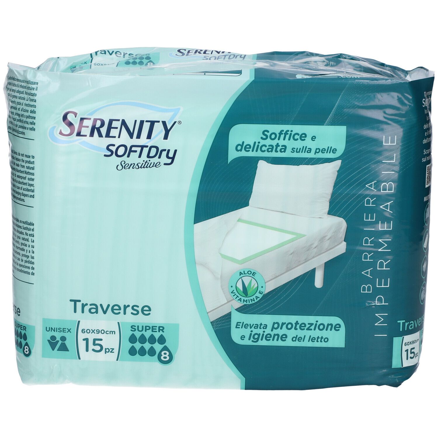 Verpackung von Serenity SoftDRY Sensitive Traversa. 15 Stück, 60x90cm. Mit Aloe Vera. Aufdrucke in Italienisch.