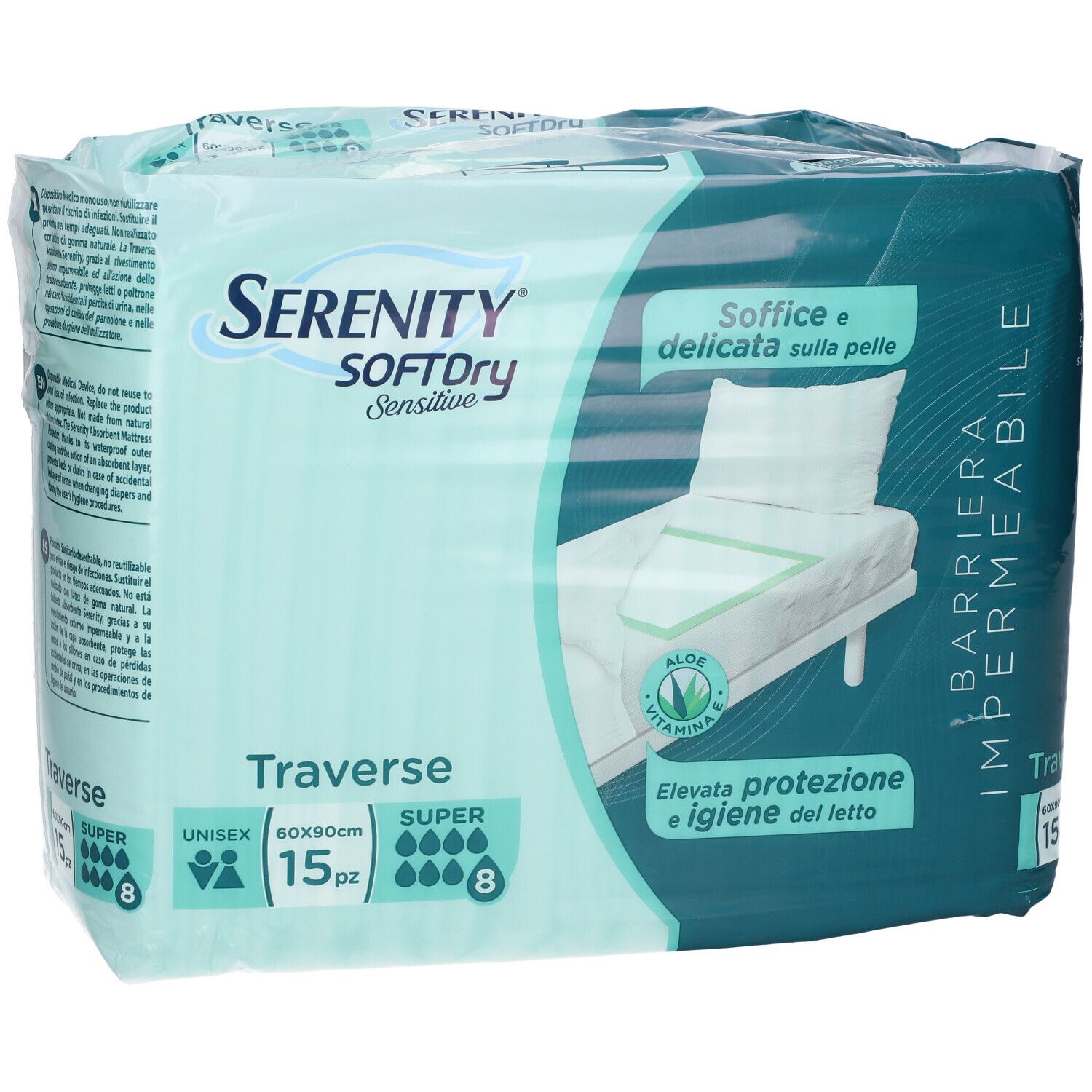 Verpackung von Serenity SoftDRY Sensitive Traversa. 15 Stück, 60x90cm. Mit Aloe Vera. Aufdrucke in Italienisch.