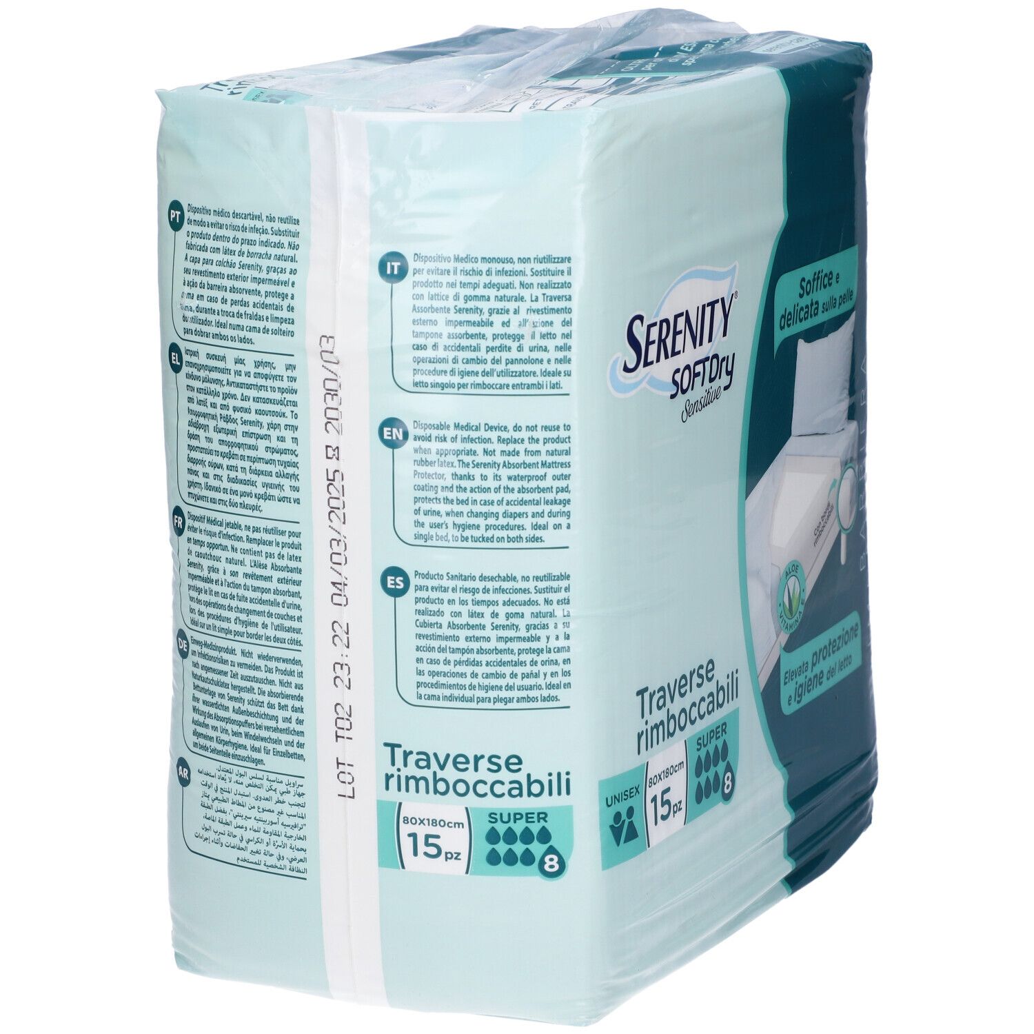 Rückseite der Verpackung Serenity SoftDry Sensitive. Text in verschiedenen Sprachen. Angaben zu Größe, Menge und Chargennummer.
