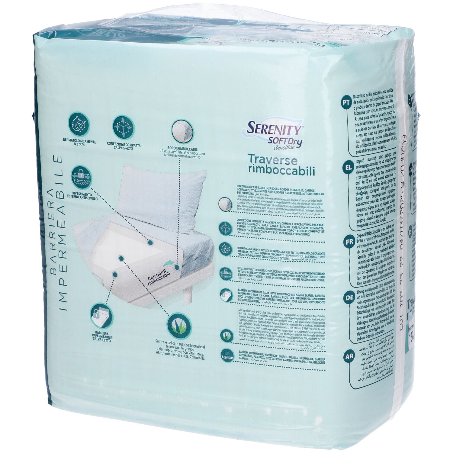 Verpackung Serenity SoftDry Sensitive. Grafiken zeigen Eigenschaften: atmungsaktiv, weich, wasserdicht. Text: Barriera Impermeabile.