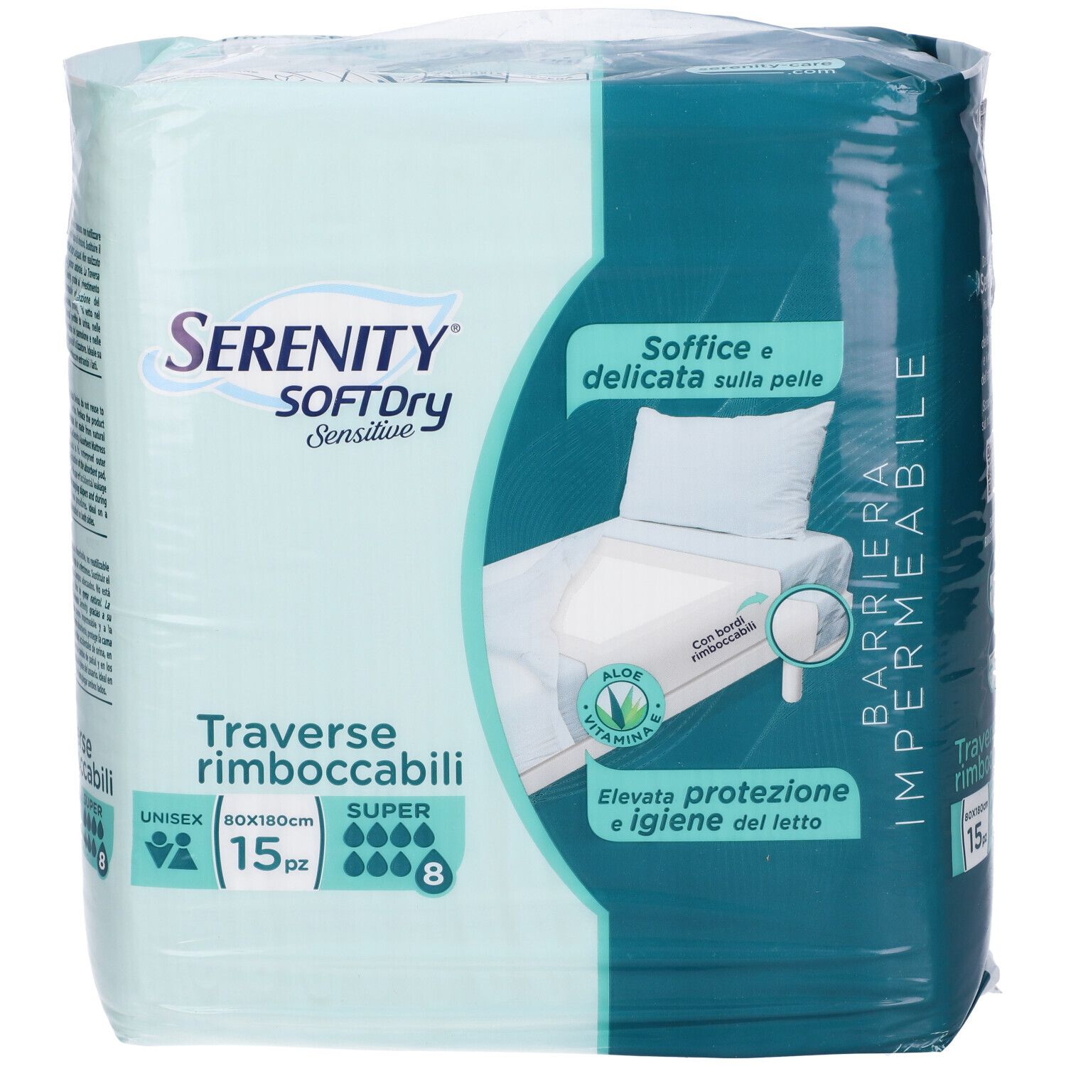 Verpackung Serenity SoftDry Sensitive, 15 Stück, 80x180cm. Aufdrucke: Barriera Impermeabile, Aloe Vera, weich und sanft zur Haut.