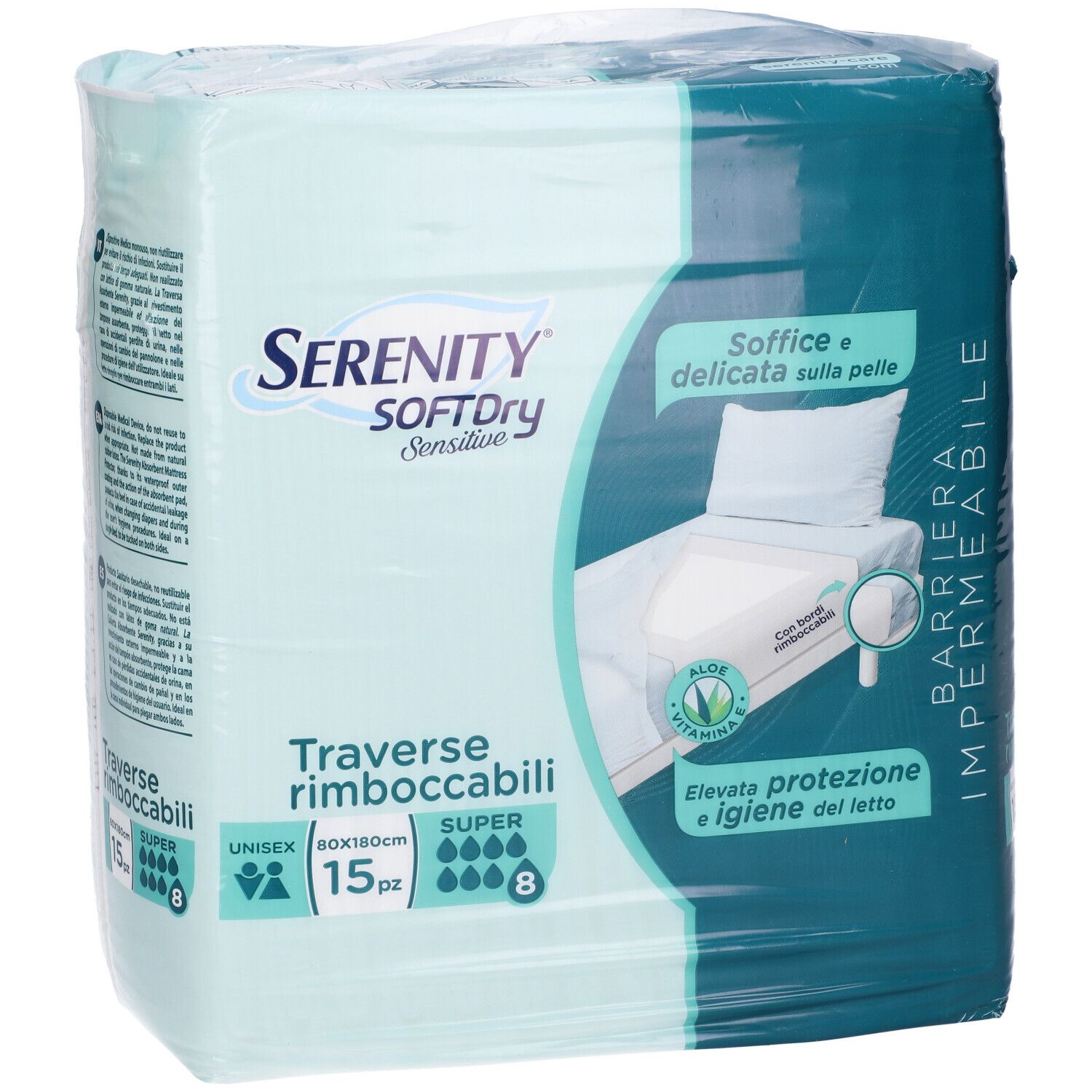 Verpackung Serenity SoftDry Sensitive, 15 Stück, 80x180cm. Aufdrucke: Barriera Impermeabile, Aloe Vera, weich und sanft zur Haut.