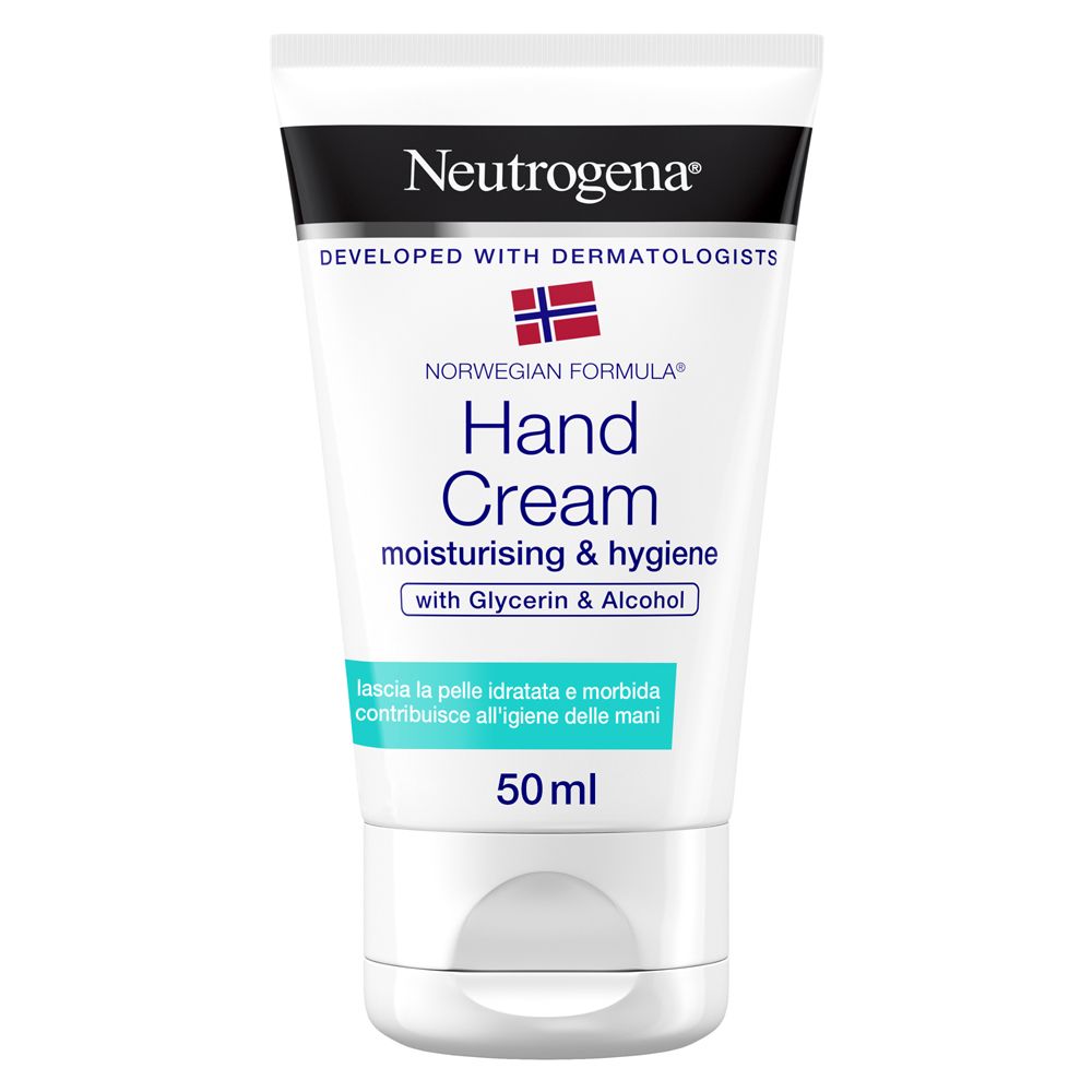 Tubo di crema mani Neutrogena bianco, design blu e nero. Contiene 50ml. Con glicerina e alcool.