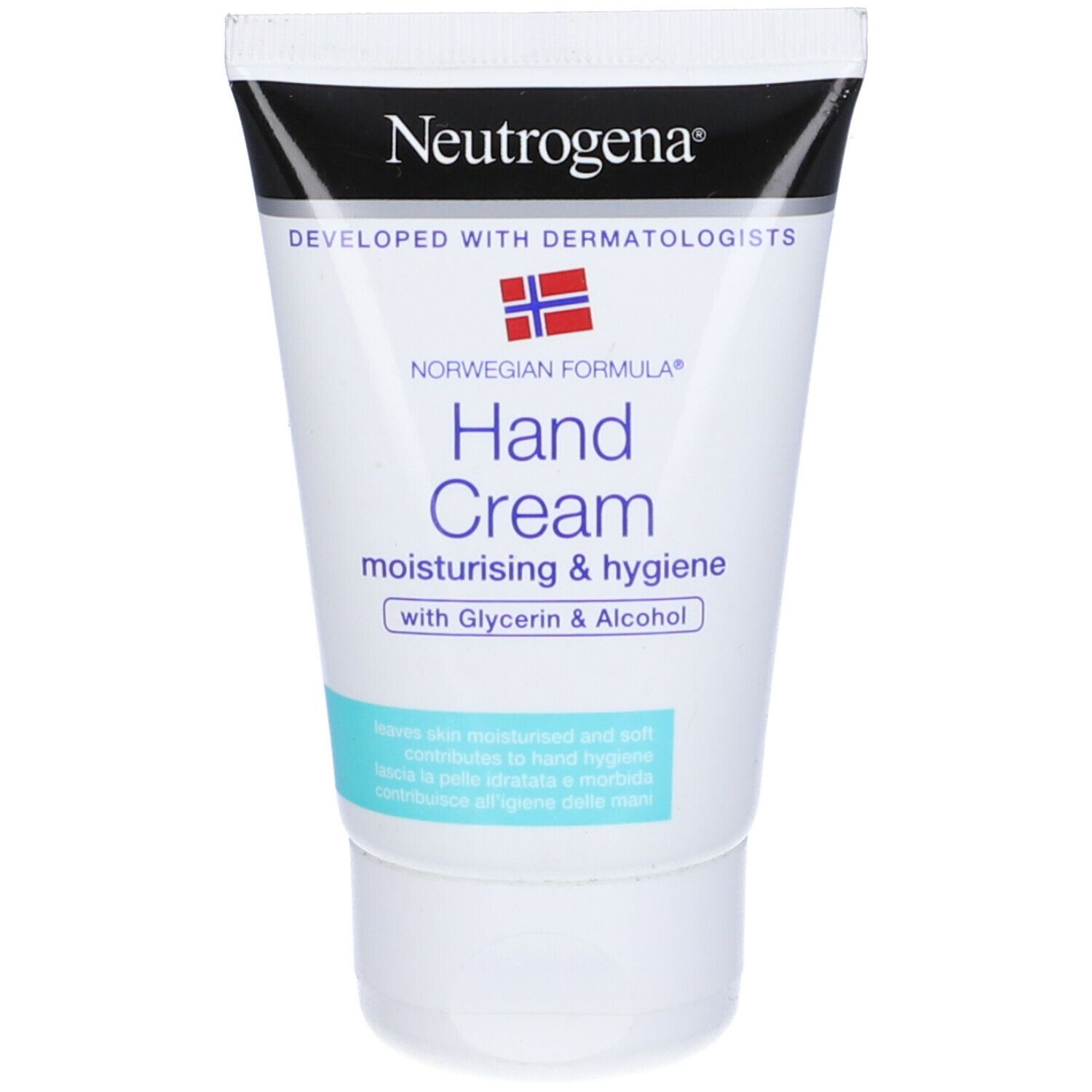 Tubo di crema mani Neutrogena bianco, design blu e nero. Contiene 50ml. Con glicerina e alcool.