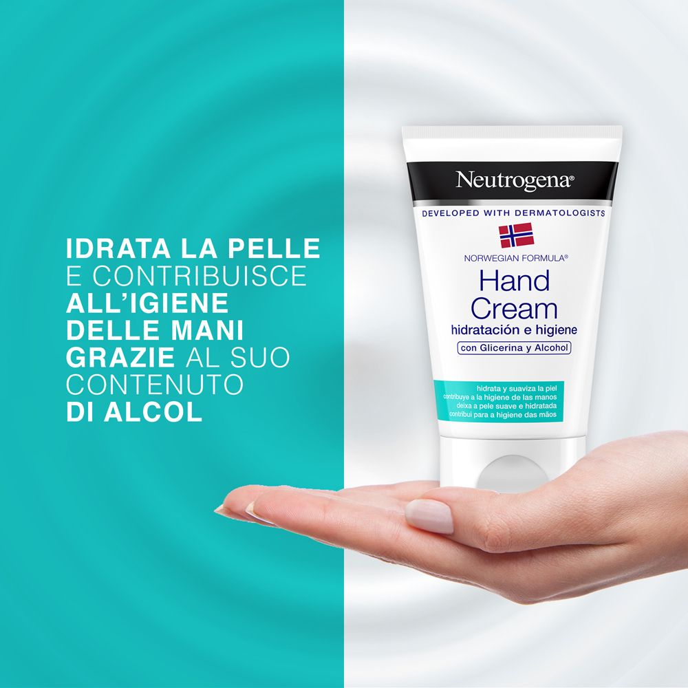Tubo di crema mani in mano. Testo: Idratata la pelle e contribuisce all'igiene delle mani grazie al suo contenuto di alcool.