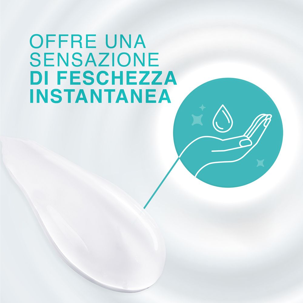 Illustrazione: mano con goccia. Testo: Offre una sensazione di freschezza istantanea.