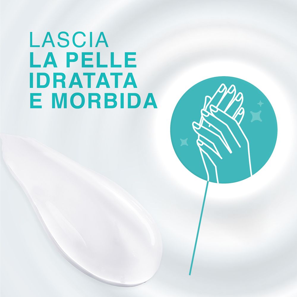 Illustrazione: mani. Testo: Lascia la pelle idratata e morbida.