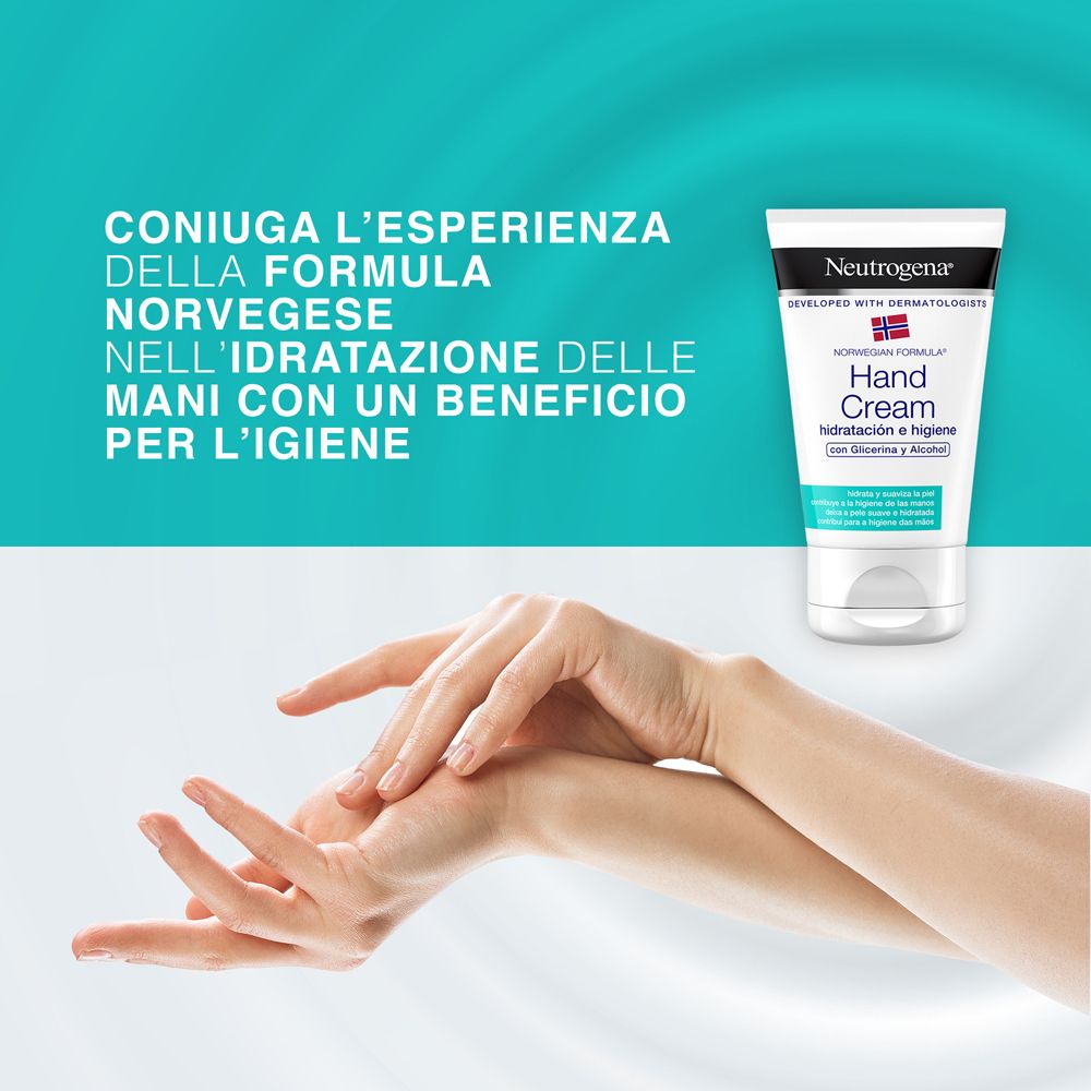 Tubo di crema mani e mani. Testo: Coniuga l'esperienza della formula norvegese nell'idratazione delle mani.