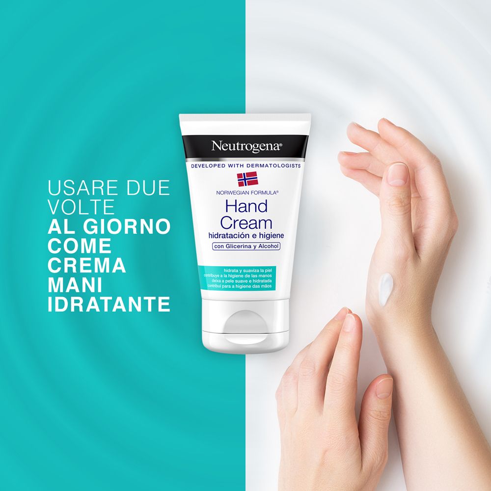 Tubo di crema mani e mani. Testo: Usare due volte al giorno come crema mani idratante.