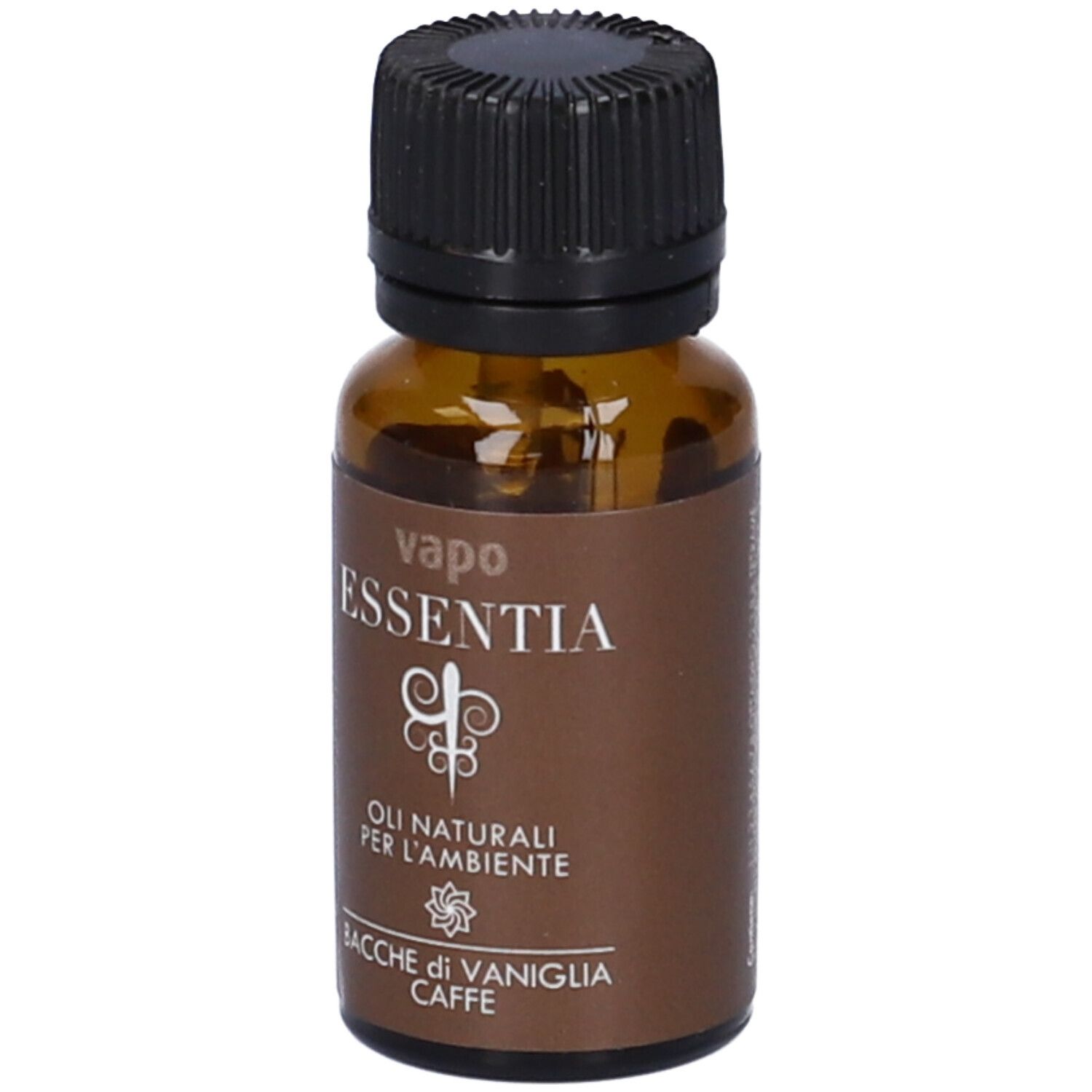 Flacone di vetro marrone con tappo nero. Scritta: ESSENTIA, oli per l'ambiente, Bacche di Vaniglia Caffe.
