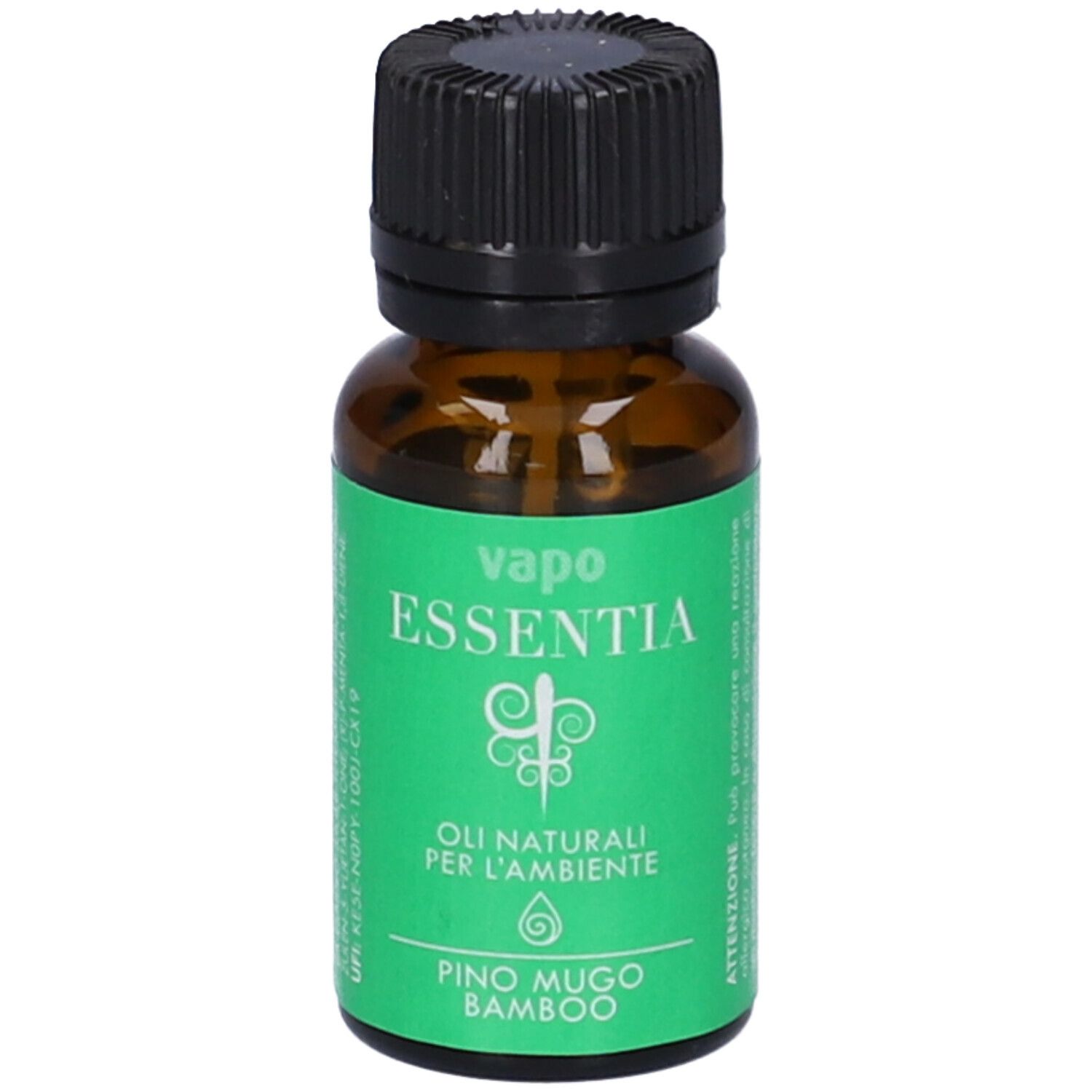 Flacone di vetro marrone con tappo nero. Etichetta verde con testo bianco: Vapo Essentia, Olio naturali per l'ambiente, Pino Mugo Bamboo.