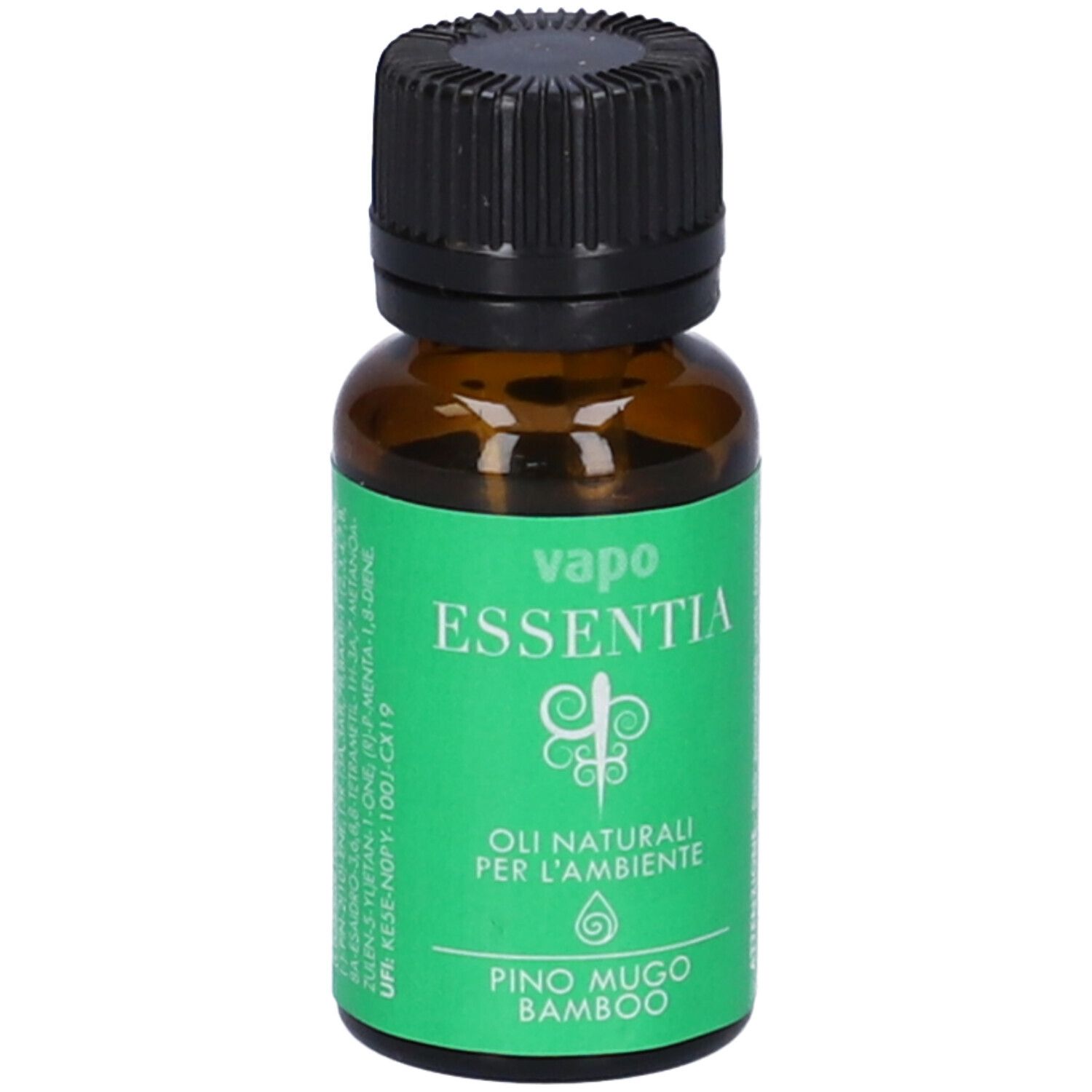 Flacone di vetro marrone con tappo nero. Etichetta verde con testo bianco: Vapo Essentia, Olio naturali per l'ambiente, Pino Mugo Bamboo.