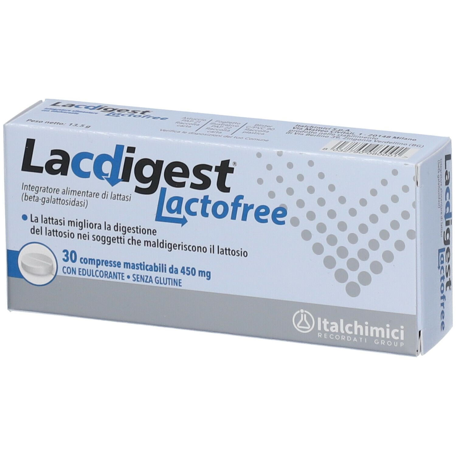 Scatola di Lacdigest Lactofree. Confezione blu e bianca con nome e informazioni. 30 compresse masticabili.
