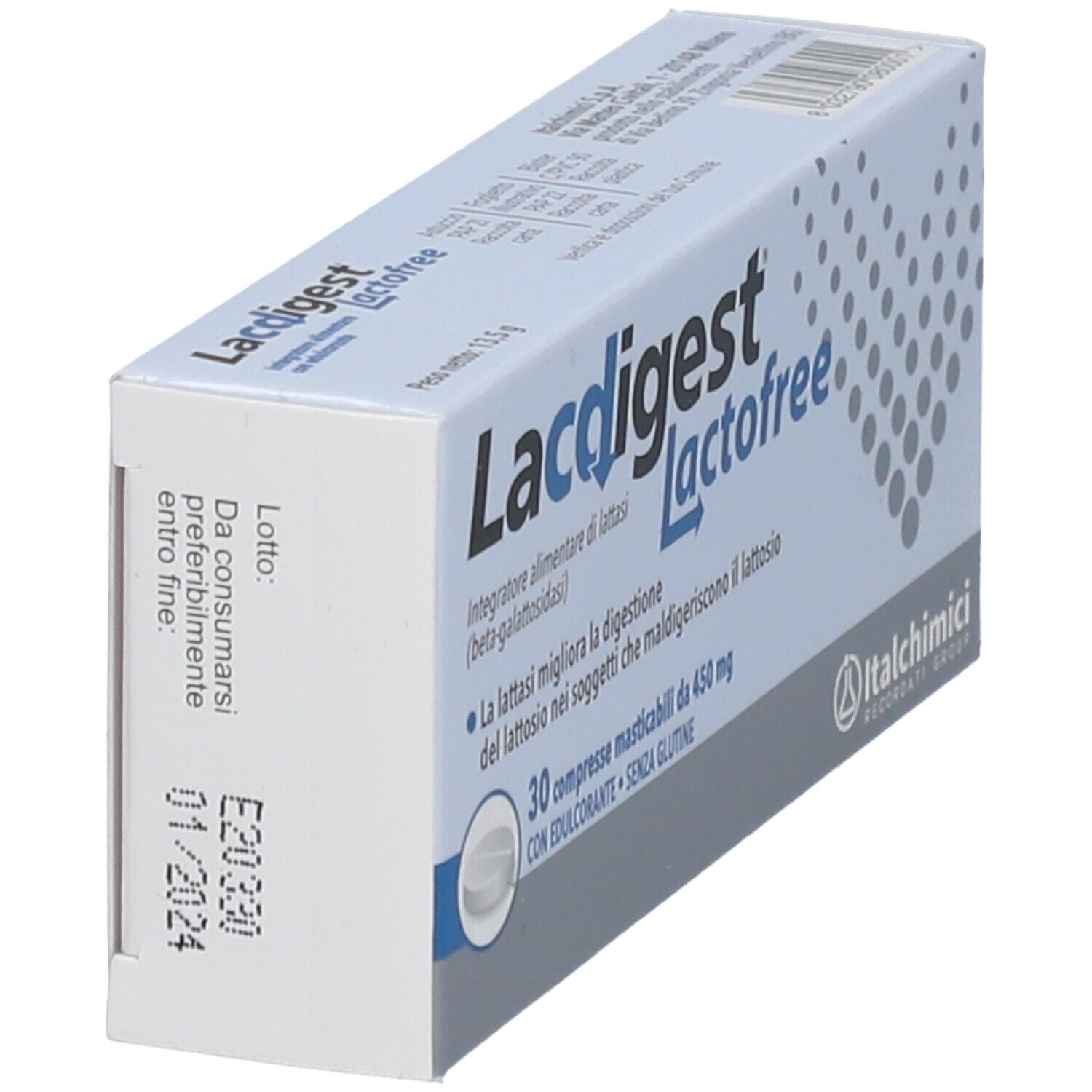 Scatola Lacdigest Lactofree, angolata. Confezione blu e bianca con nome e informazioni. Data di scadenza.