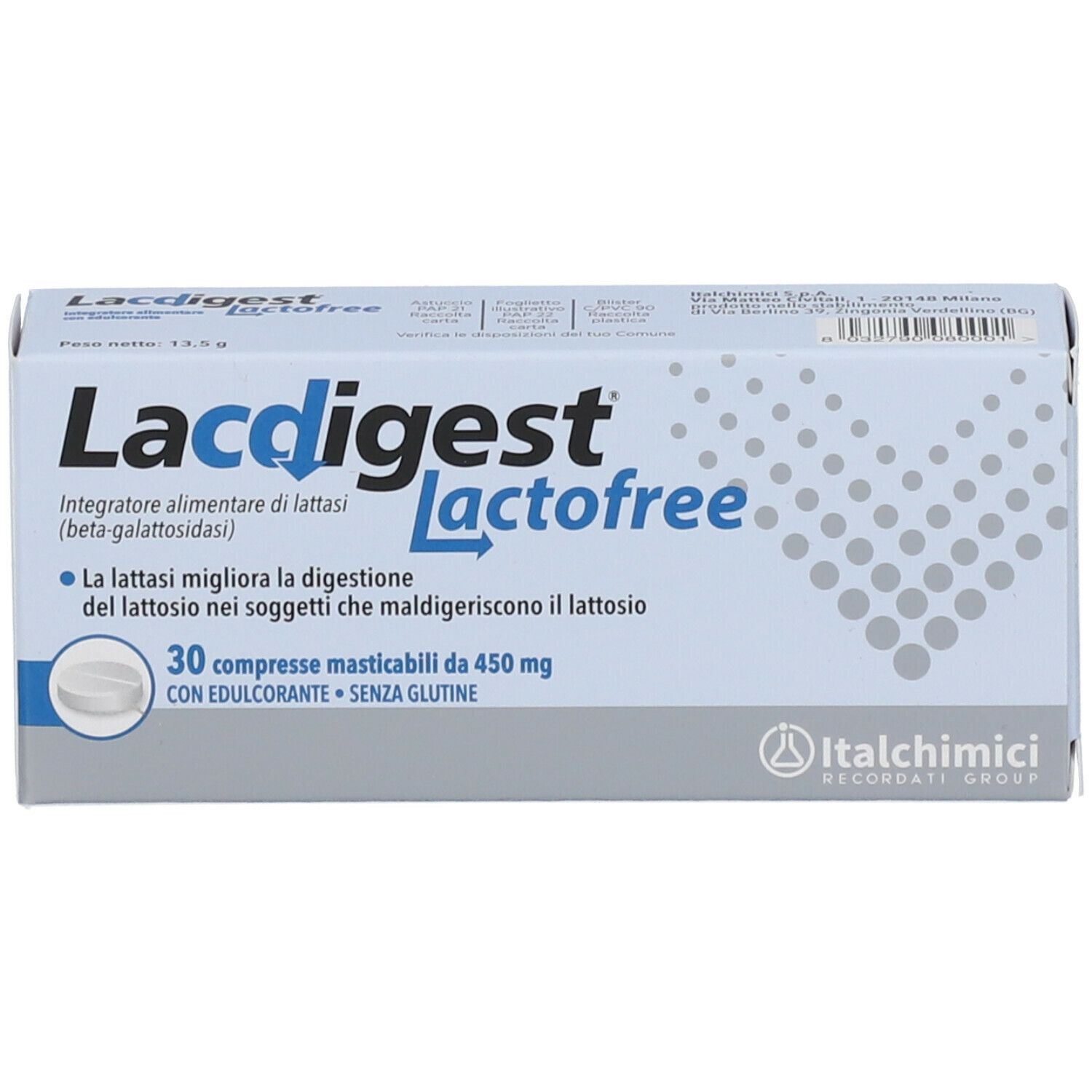 Scatola di Lacdigest Lactofree. Confezione blu e bianca con nome e informazioni. 30 compresse masticabili.