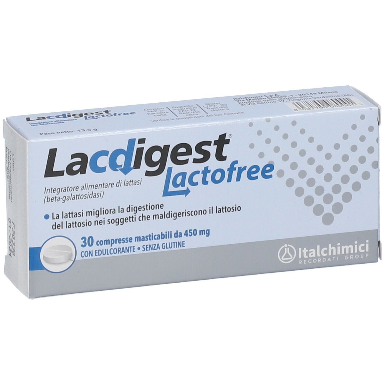 Scatola di Lacdigest Lactofree. Confezione blu e bianca con nome e informazioni. 30 compresse masticabili.