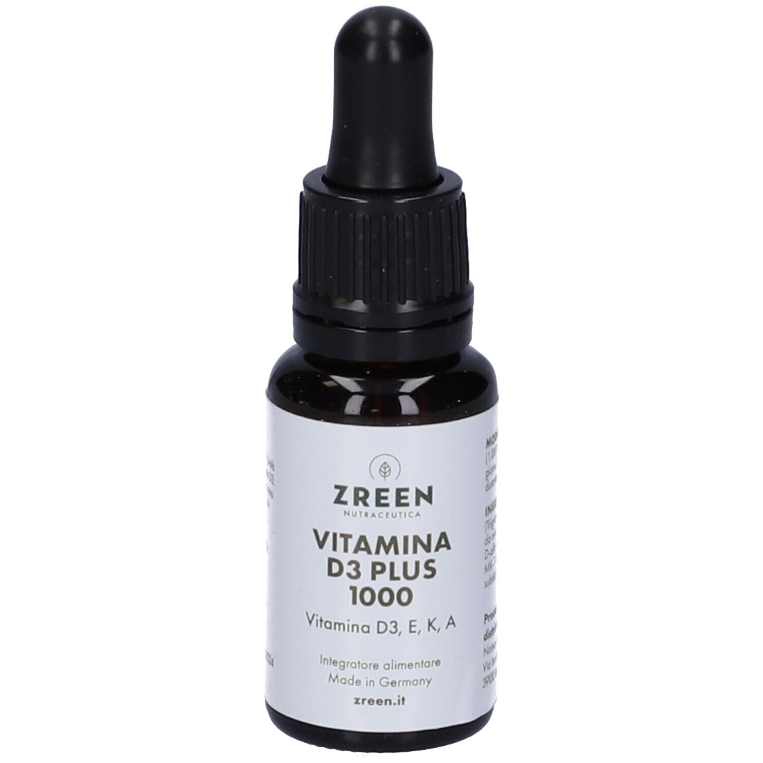 Flacone di vetro marrone con contagocce nero. L'etichetta riporta "ZREEN Vitamina D3 PLUS 1000".