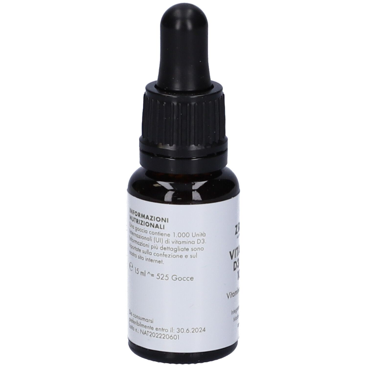 Flacone di vetro marrone con contagocce nero. Etichetta con informazioni su "ZREEN Vitamina D3 PLUS 1000".