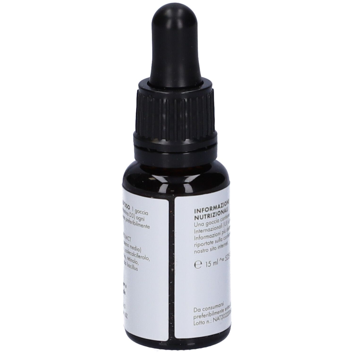 Flacone di vetro marrone con contagocce nero. Etichetta con informazioni su "ZREEN Vitamina D3 PLUS 1000".