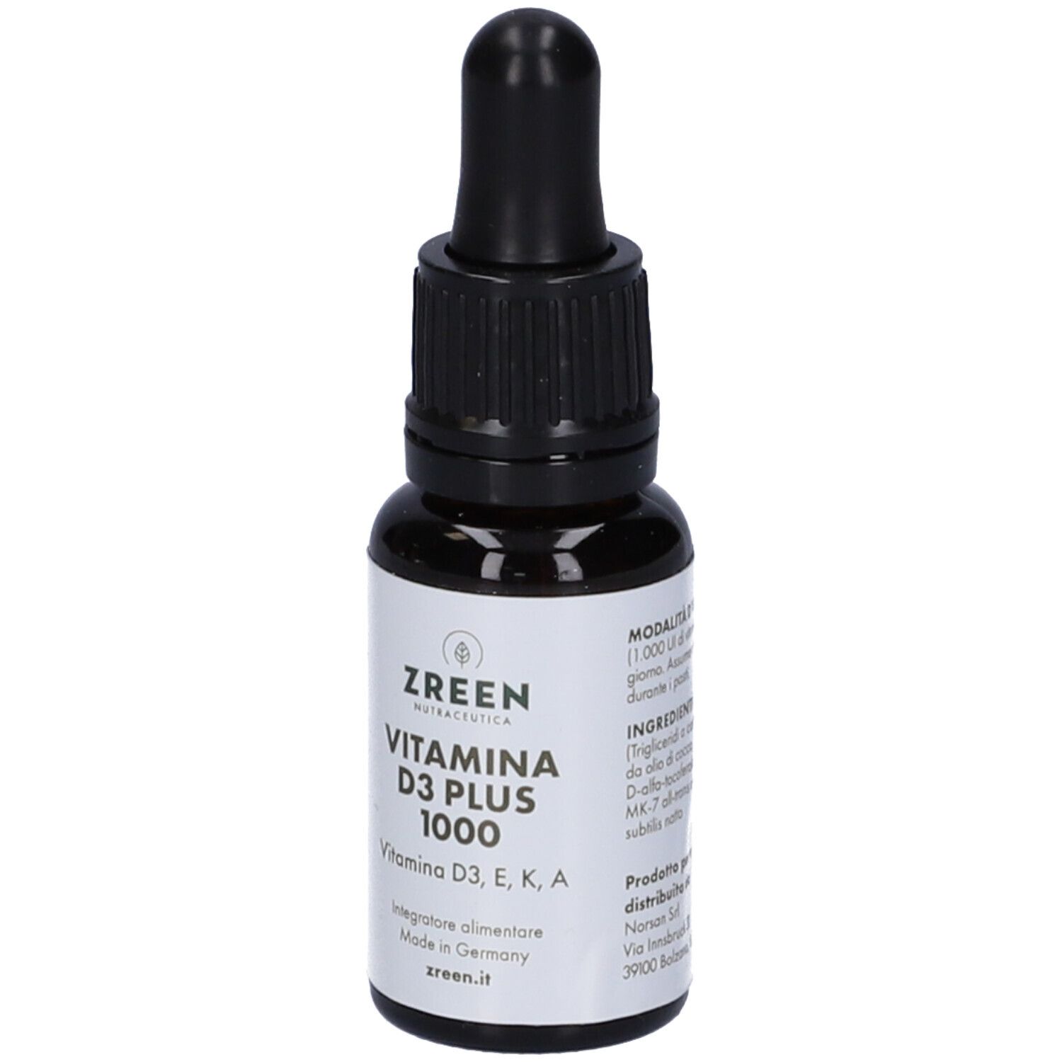 Flacone di vetro marrone con contagocce nero. L'etichetta riporta "ZREEN Vitamina D3 PLUS 1000".