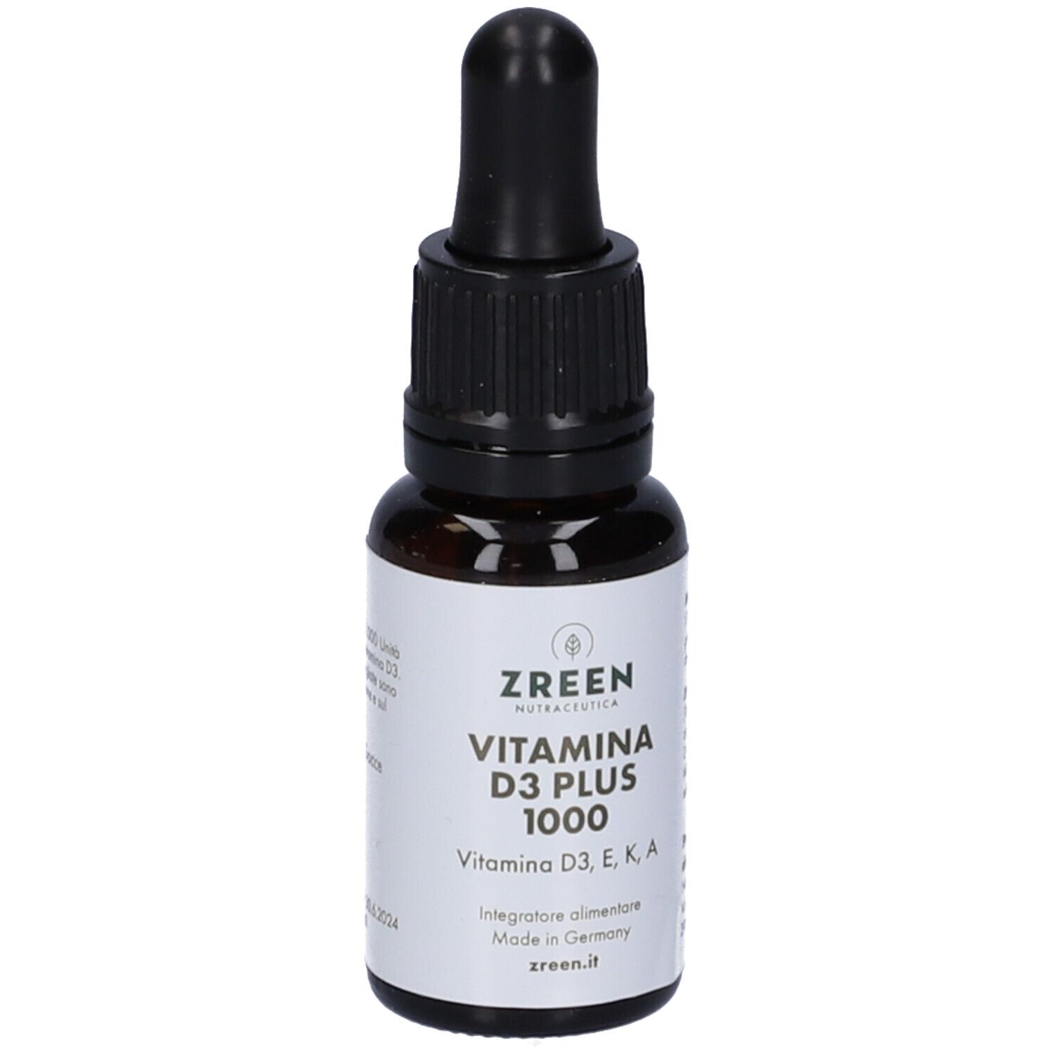 Flacone di vetro marrone con contagocce nero. L'etichetta riporta "ZREEN Vitamina D3 PLUS 1000".