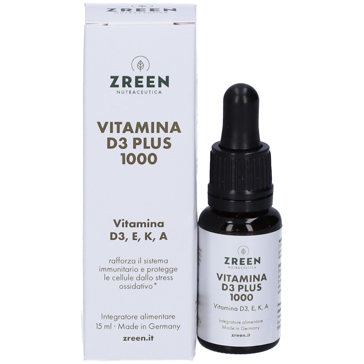 Confezione del prodotto con flacone e scatola. Sulla scatola c'è scritto "ZREEN Vitamina D3 PLUS 1000".