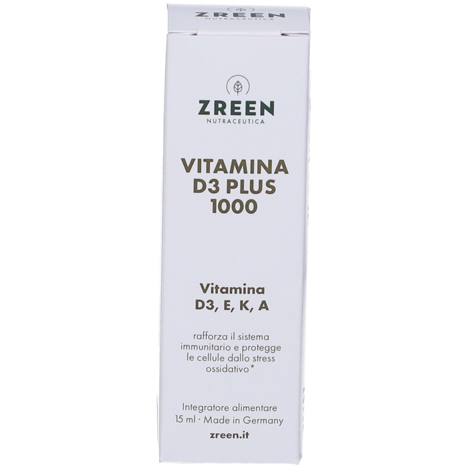 Confezione del prodotto, scatola bianca con la scritta "ZREEN Vitamina D3 PLUS 1000".
